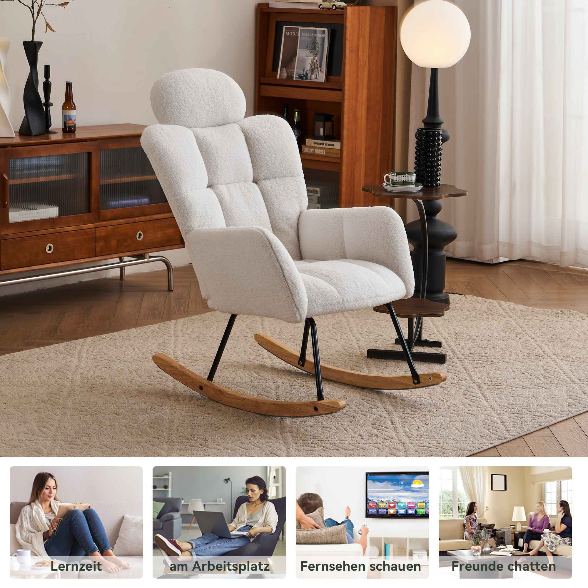 Chaise à bascule en tissu Teddy doux, matelassée, avec dossier en mousse, structure bois et base métallique noire, blanche, pour salon et chambre - 4