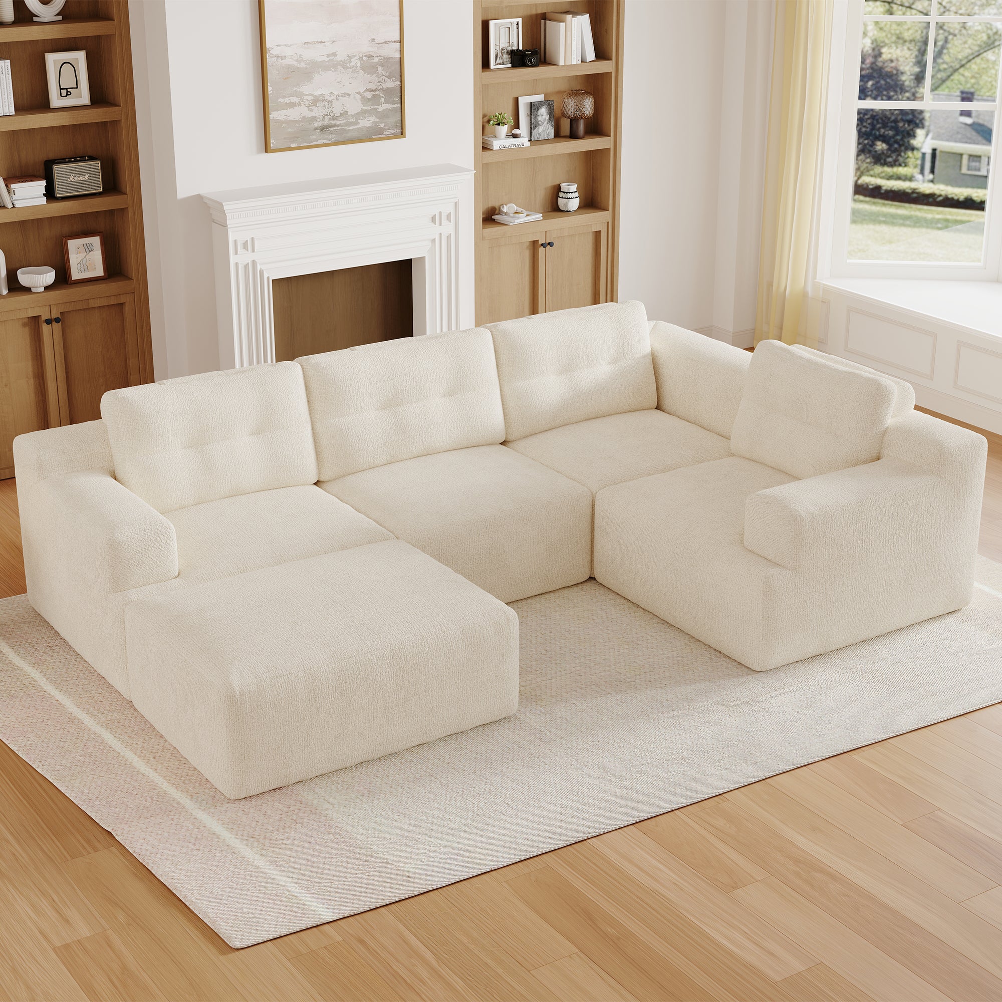 Canapé modulable 5 places U/L 252x180x82 cm, mousse intégrale, sans structure rigide, sans montage, chenille, beige - 2