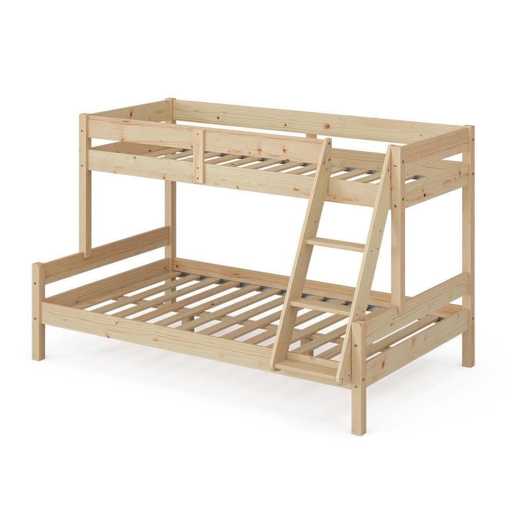 VitaliSpa Lit superposé Everest, Naturel Bois, 120x200 / 80x200 cm avec 2 Matelas, avec escalier intégré et système de sommier à Lattes Stable