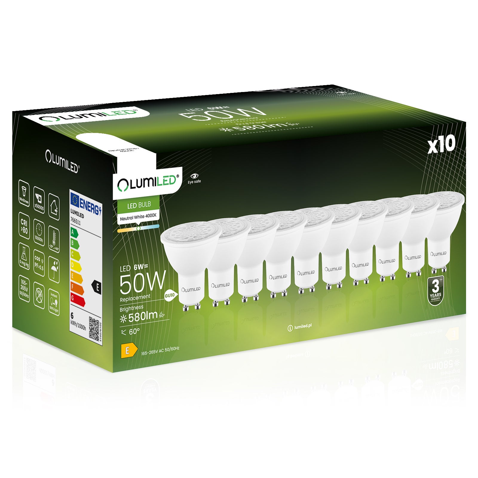 10x Żarówka Lumiled LED GU10 Reflektor PAR16 6W = 50W 580lm 4000K Neutralna 24st 36st 60st