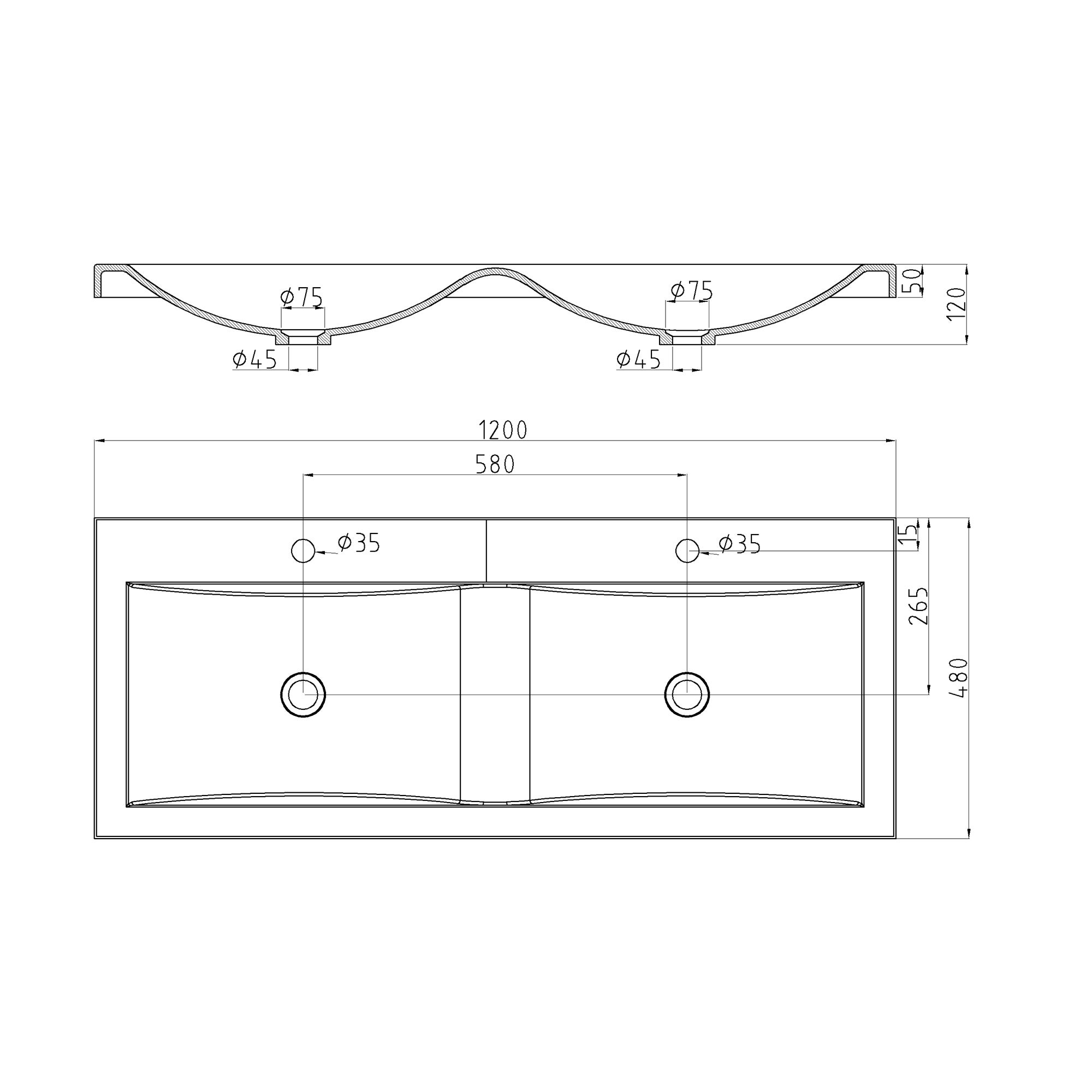 doporro Double Lavabo Vasque à Encastrer 120 cm Noir Lave Mains Rectangulaire en Solid Surface pour Salle de Bains 120x48x12 cm Colossum03 - 9