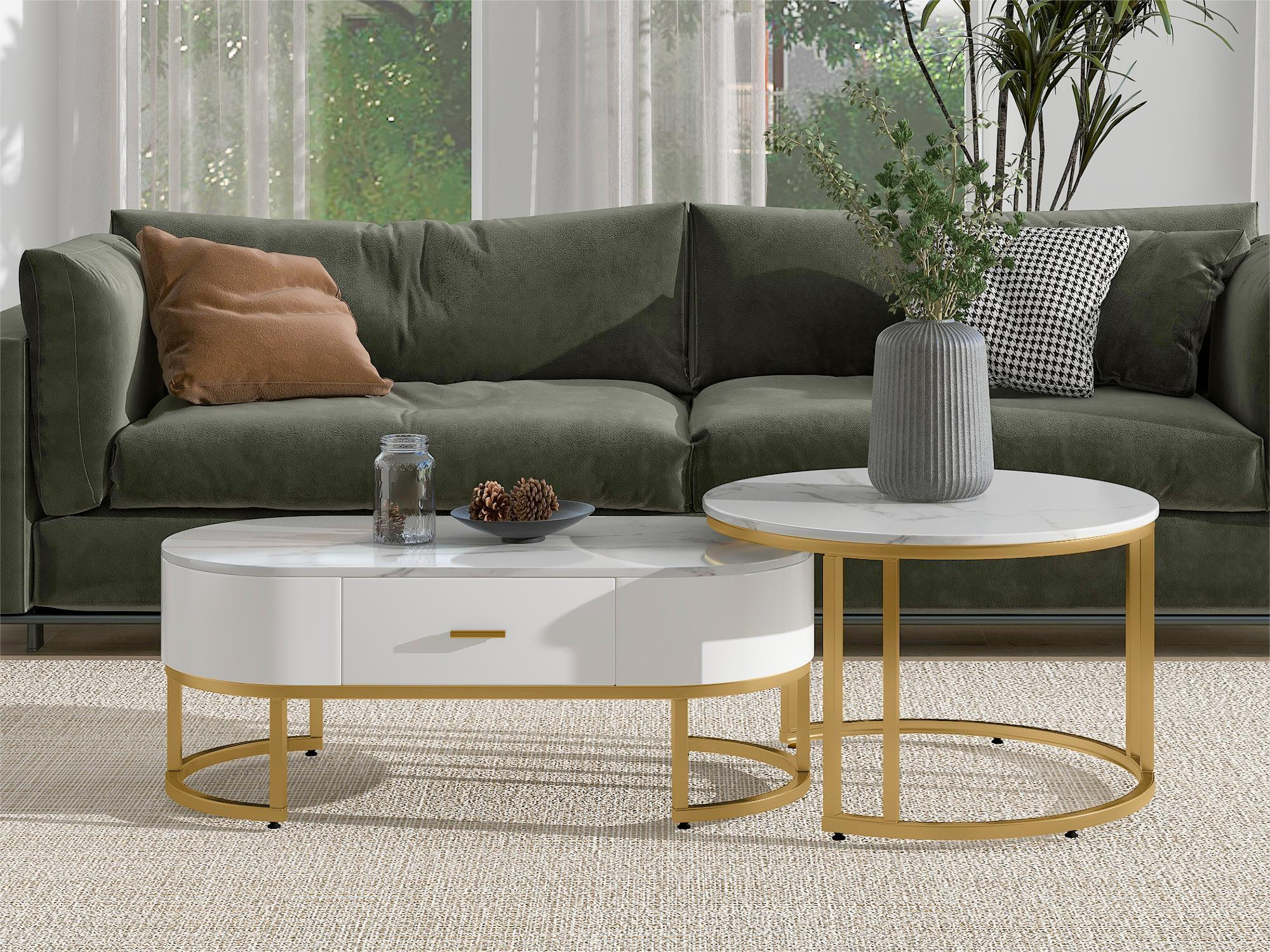 Zestaw 2 składanych stolików kawowych z szufladą - nogi metalowe - okleina marmurowa - kolor biały - 2