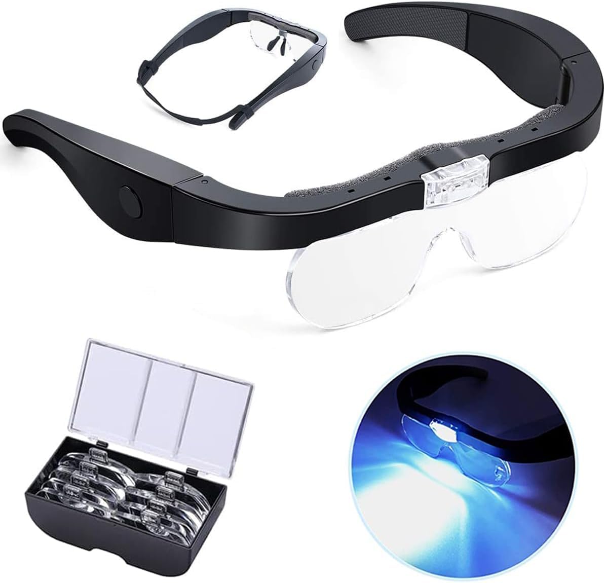 Okulary powiększające LED USB do ładowania do haftowania, czytania dla osób starszych i niedowidzących 5x 3,5x 2,5x 1,5x