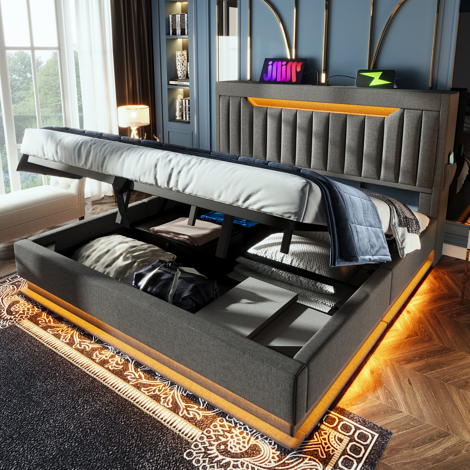 Cama con almacenaje tapizada 140x200cm - con LED - con puertos USB y Tipo C - Tejido de lino - Cabecero con espacio de almacenaje - Gris - 2