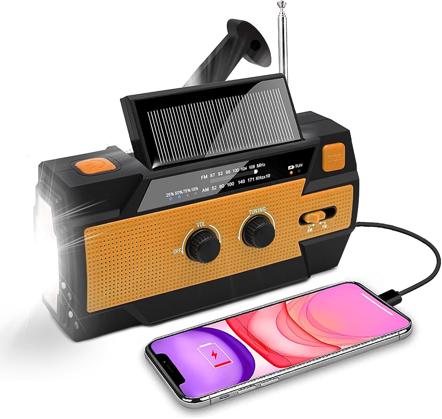 Radio AM/FM, wbudowana bateria 4000 mAh, 4 tryby pracy, latarka LED, zewnętrzny alarm SOS (pomarańczowy)