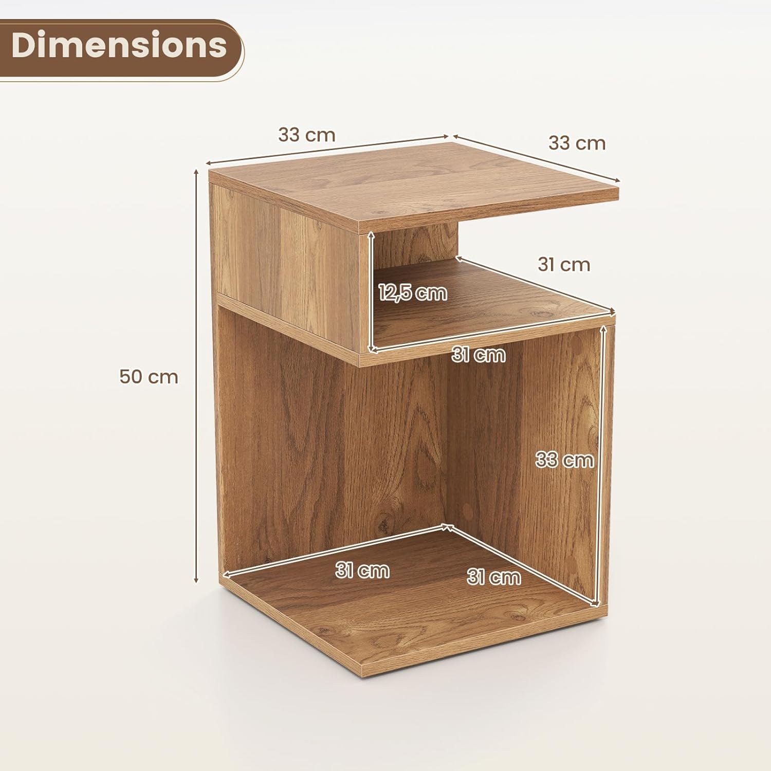 Table d'Appoint en Forme S, Bout de Canapé Salon avec 2 Casiers Ouverts, 3 Étagères Design Géométrique Compacte,pour Salon, Chambre, Naturel - 3