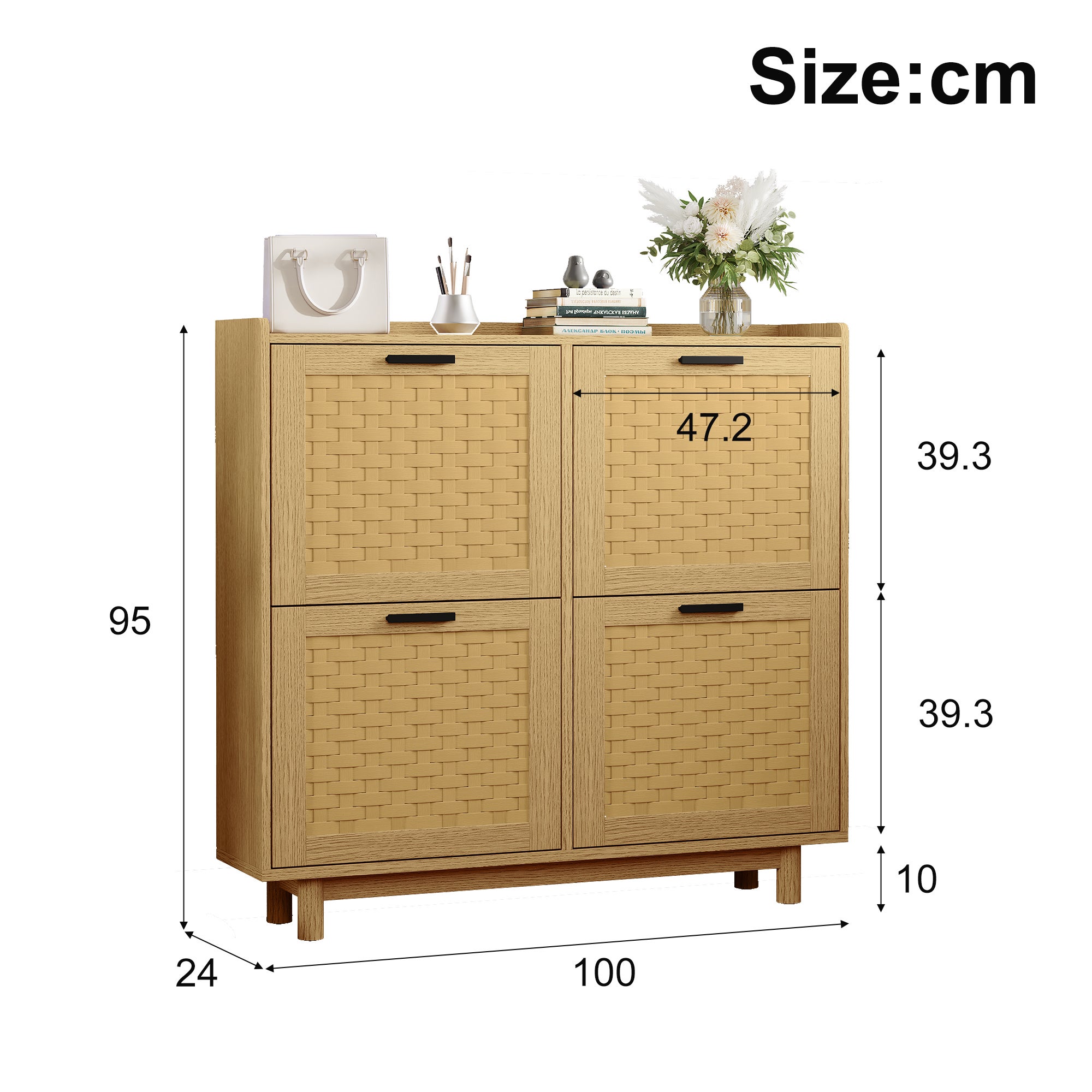 KEFSR Meuble à Chaussures avec 4 Portes,Étagère à Chaussures,Étagère à Chaussures Réglable,Rangement à Chaussures en Rotin,100x24x95cm(Chêne) - 2