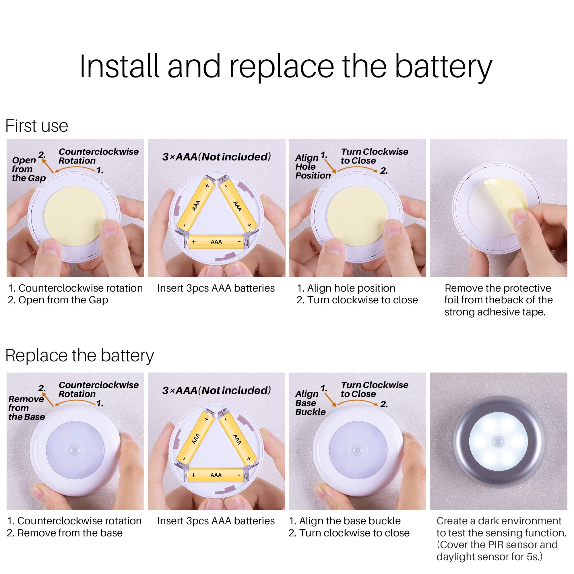 Lot de 3 lampes à détecteur de mouvement, veilleuse LED à piles, lampes d'escalier à coller partout, appliques murales pour couloir (argent) - 7