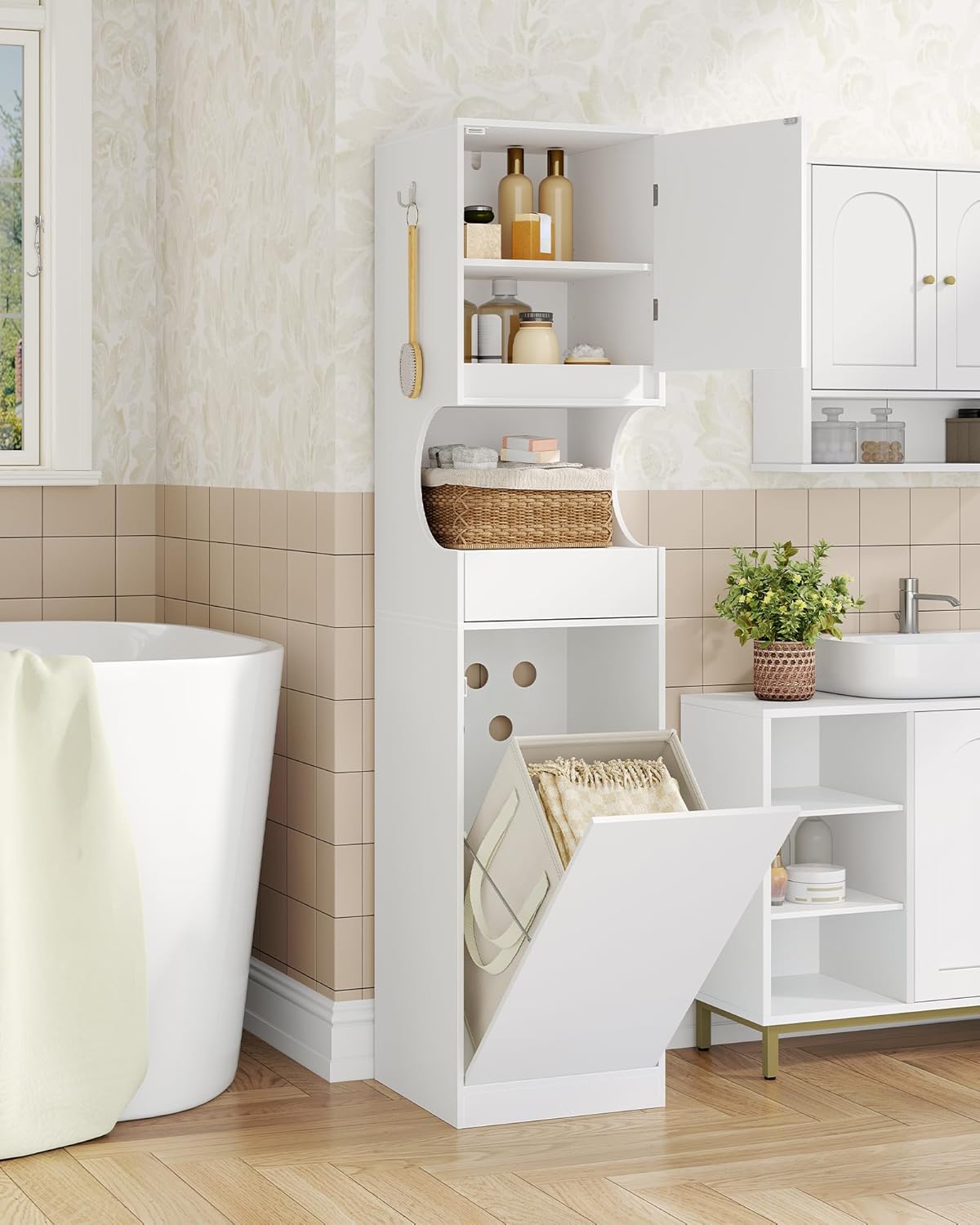 Mueble Columna de Baño, Mueble Ropa Sucia 1 Cesto para Ropa, Columna de Baño Mueble de Baños, Apto para baños, lavadero, Sala de Estar, Blanco - 6