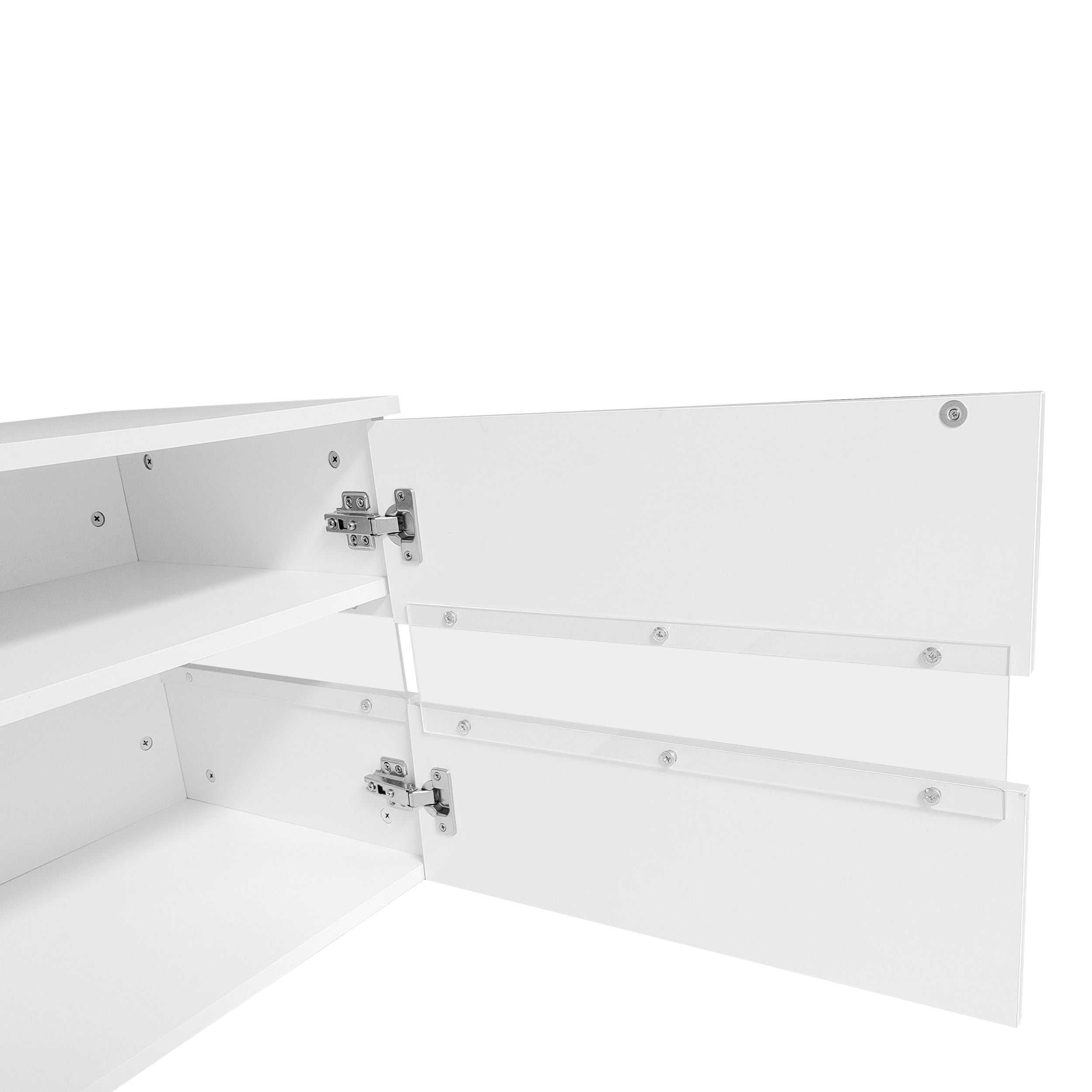 Meuble TV avec 2 portes, 2 tiroirs, compartiment ouvert - 160 x 39 x 45 cm - Panneau de particules - LEDs - Blanc brillant - 10