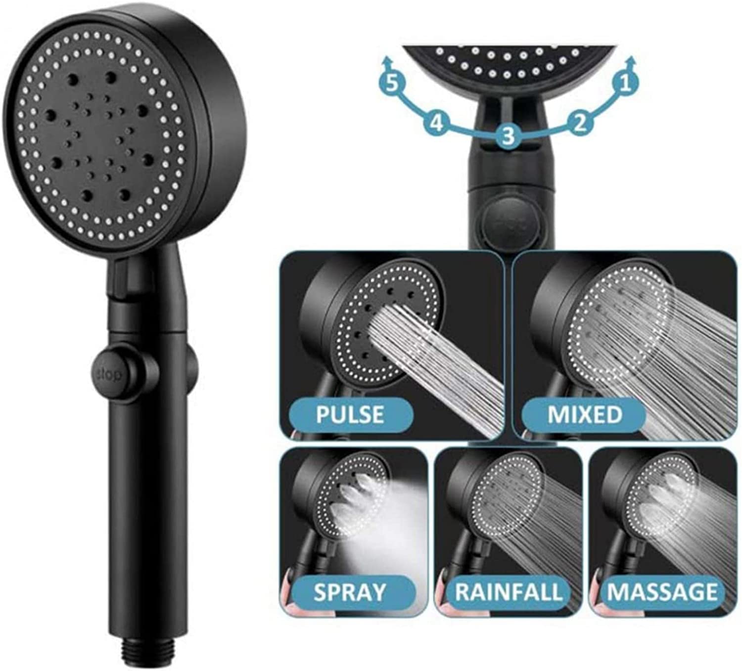 NICOLA Pommeau de douche haute pression multifonctionnel avec 5 modes, pommeau de douche à main haute pression avec interrupteur marche - 2