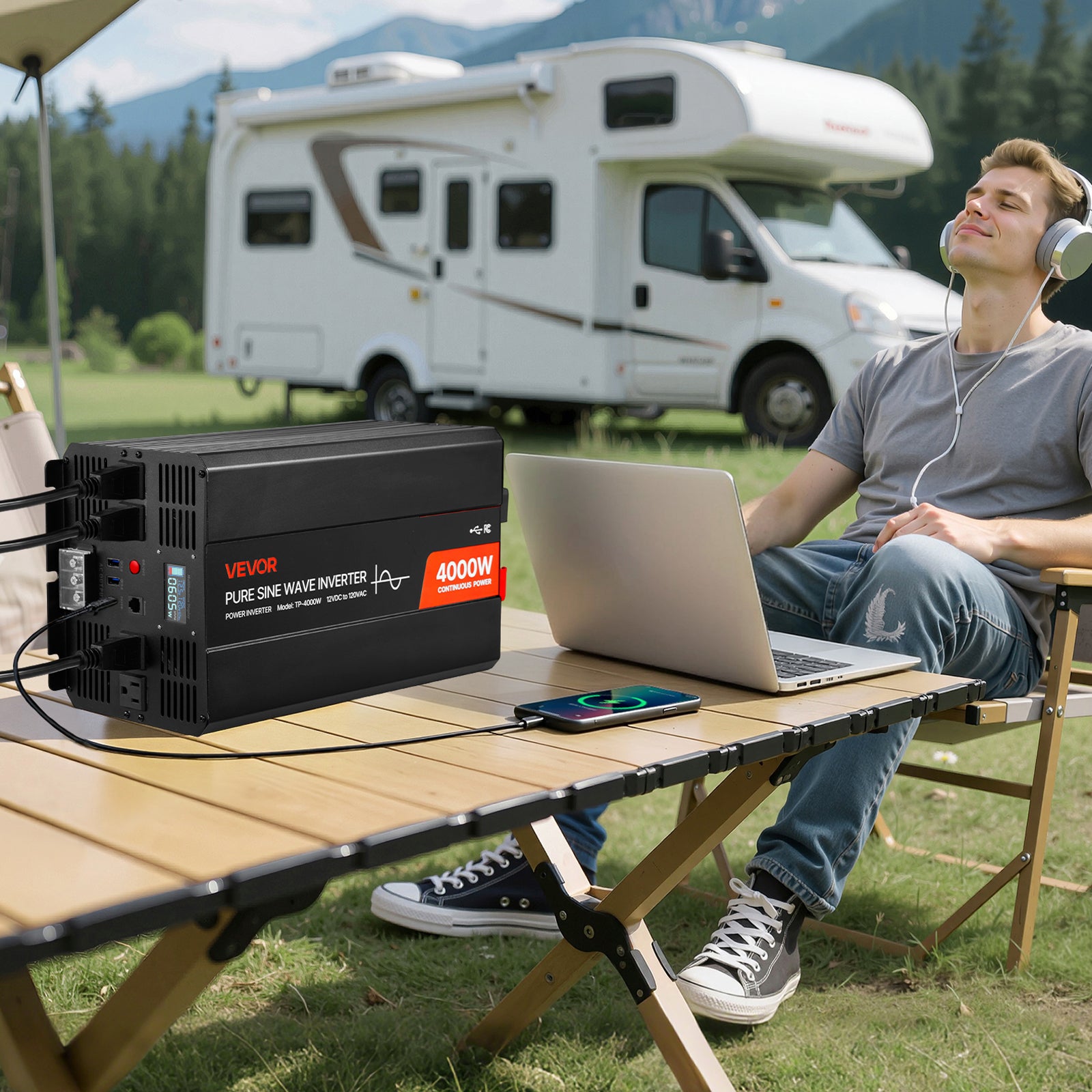 Inversor onda senoidal pura VEVOR, gabinete de alumínio, 12V CC→230V CA, 4000W, tela LCD, controle com fio, USB e Type-C, 2 tomadas, motorhome/solar - 8