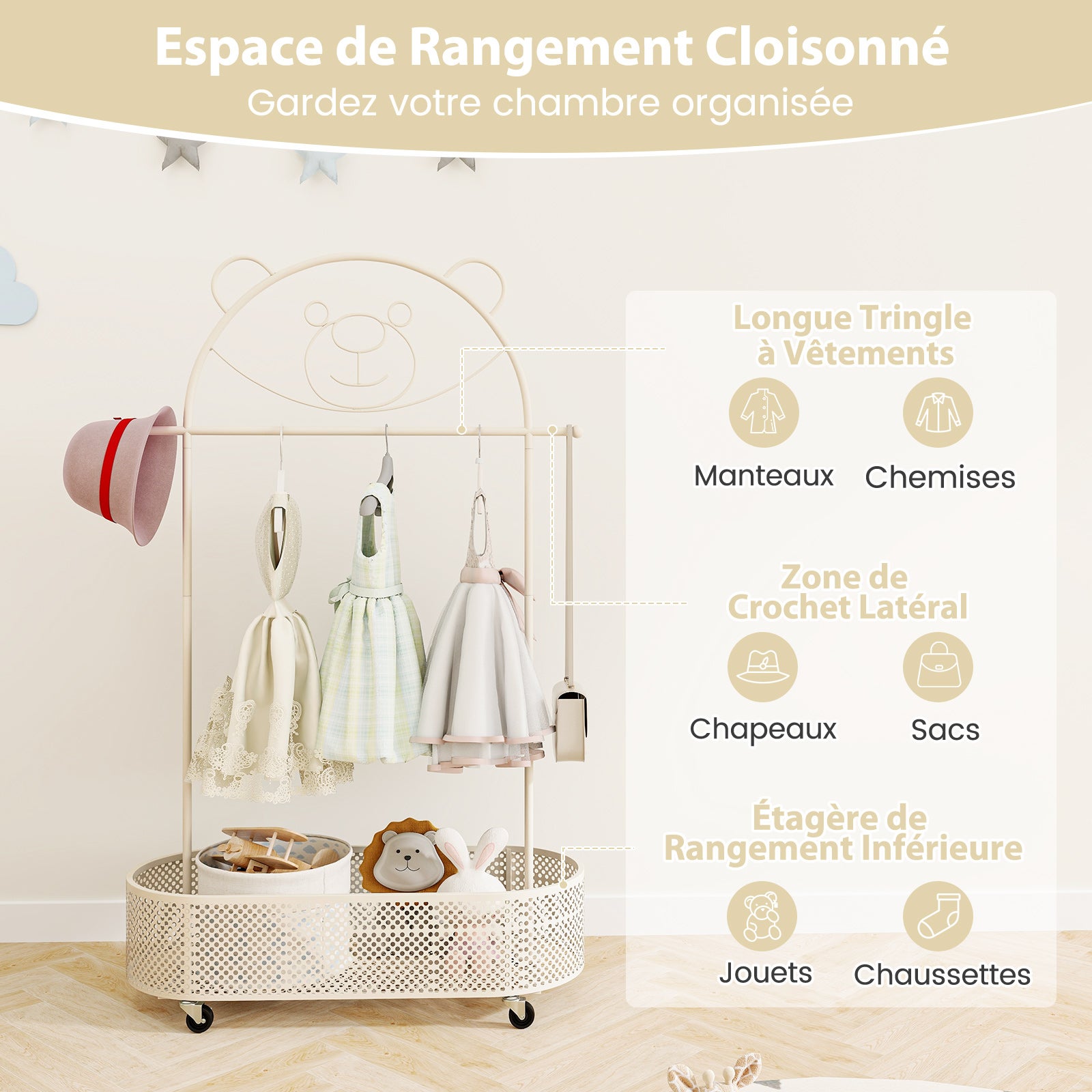 Portant à Vêtements Enfant en Forme d'Ours avec 3 Hauteurs Réglables, Garde-Robe Enfant en Métal avec Panier Inférieur Chambre d'enfant, Beige - 5