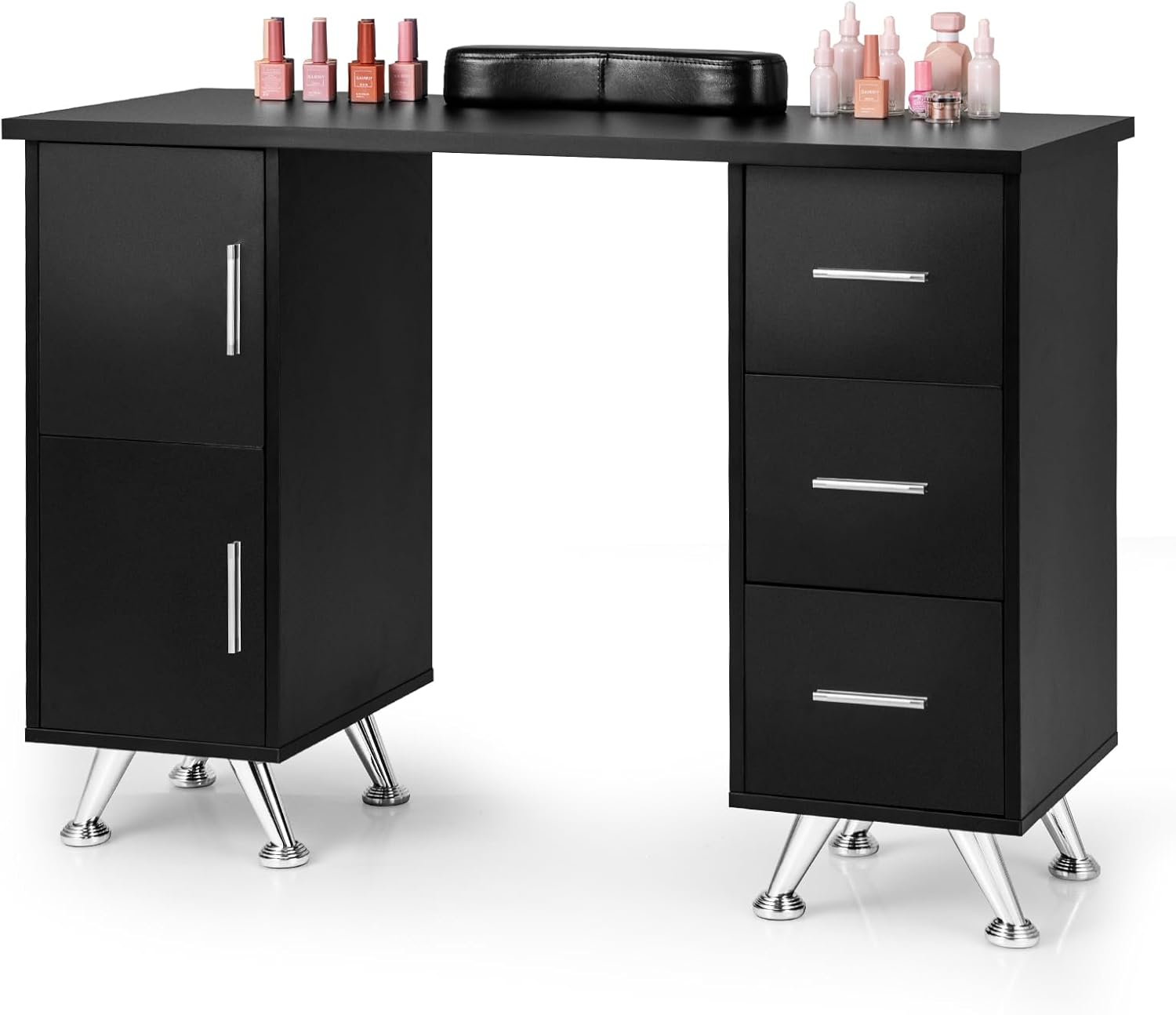 Profesjonalny Stolik do Manicure, 2 w 1 Biurko, do Paznokci, z Podpórką pod Nadgarstki, Drewniana Stacja Robocza, do Salonu Kosmetycznego (Czarny)