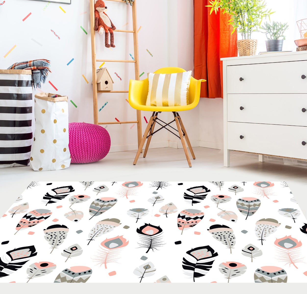 Tapis antidérapant en vinyle pour enfants Plumas boho 60x120 cm - PVC imprimé, lavable, ignifuge, pour la chambre d'enfant - 7