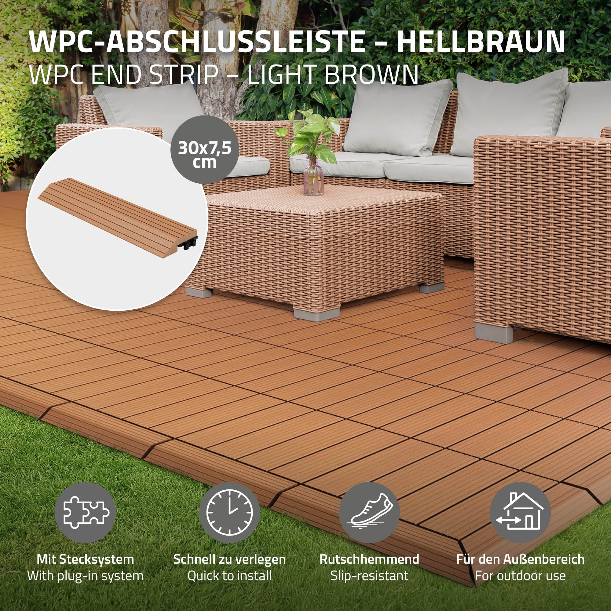 ML-Design listwa prosty wpc jasnobrązowy 38x2x7,5 cm profil drewnopodobny ryflowany z odpływem wzmocniona baza system klik obróbka krawędzi - 2