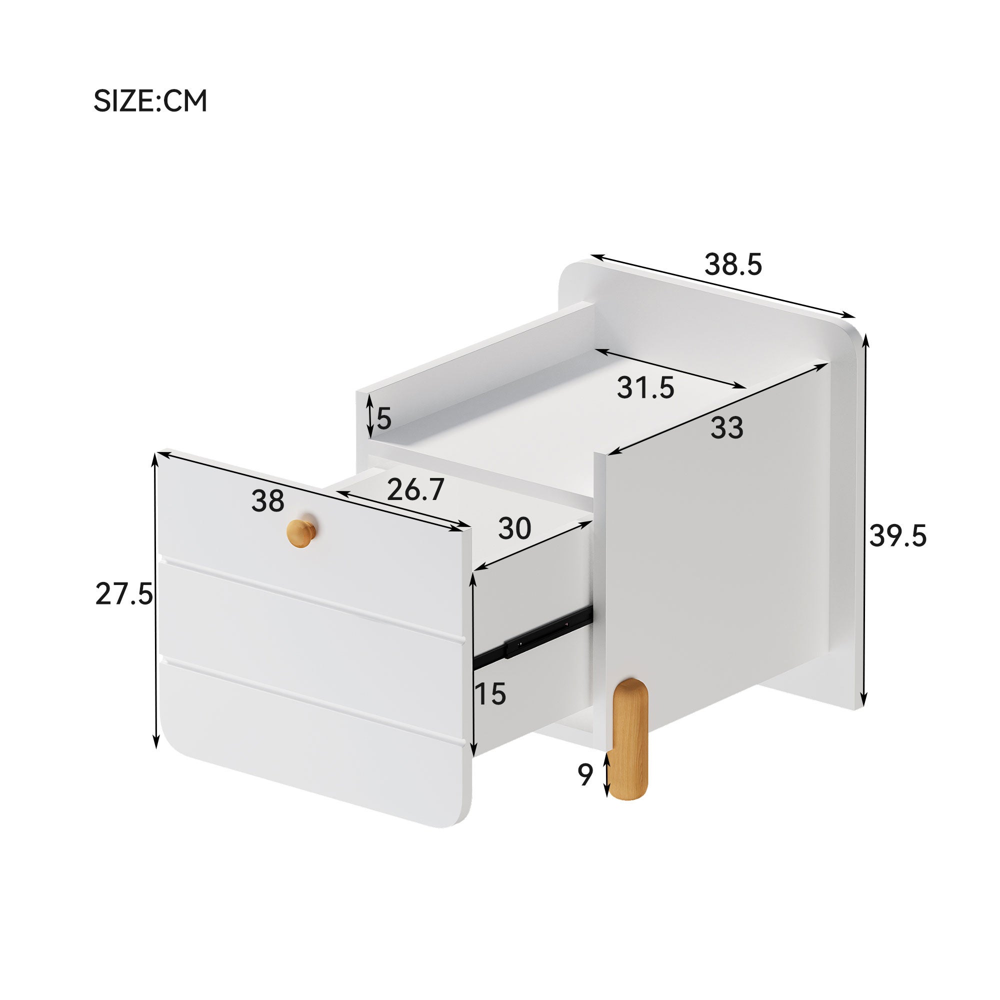 Table de chevet avec 1 tiroir - 38.5 x 33 x 39 cm - Pin + contreplaqué + MDF - pour salon ou chambre - Blanc - 6