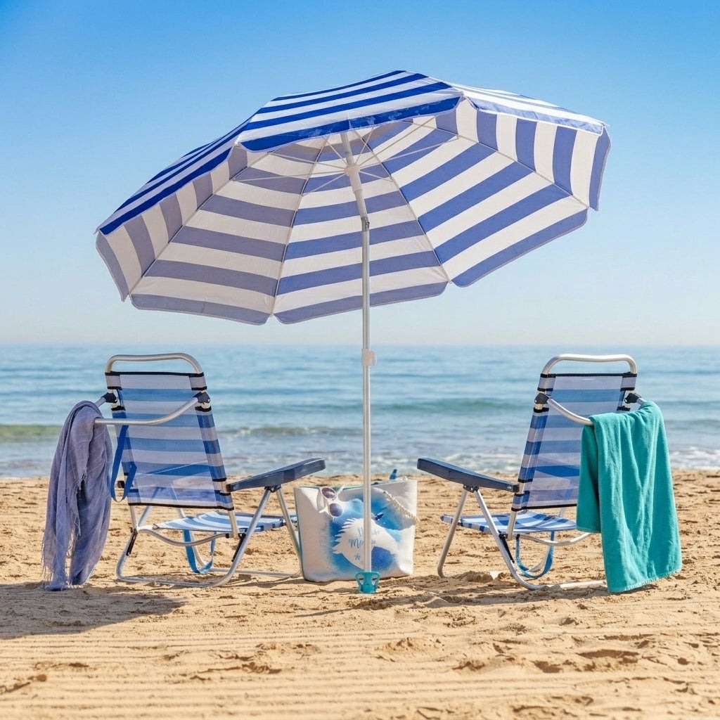 Sombrilla Playa Grande 200cm Plegable Anti Viento Protección Solar de Raya Azul - 2