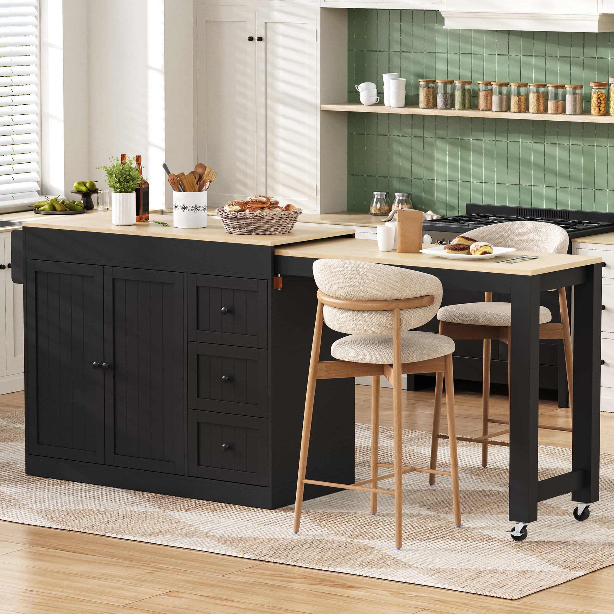 Îlot de cuisine rétractable,avec table gigogne,Bar de cuisine moderne sur roulettes,chariot de cuisine mobile avec étagère à épices et tiroir, Noir - 5