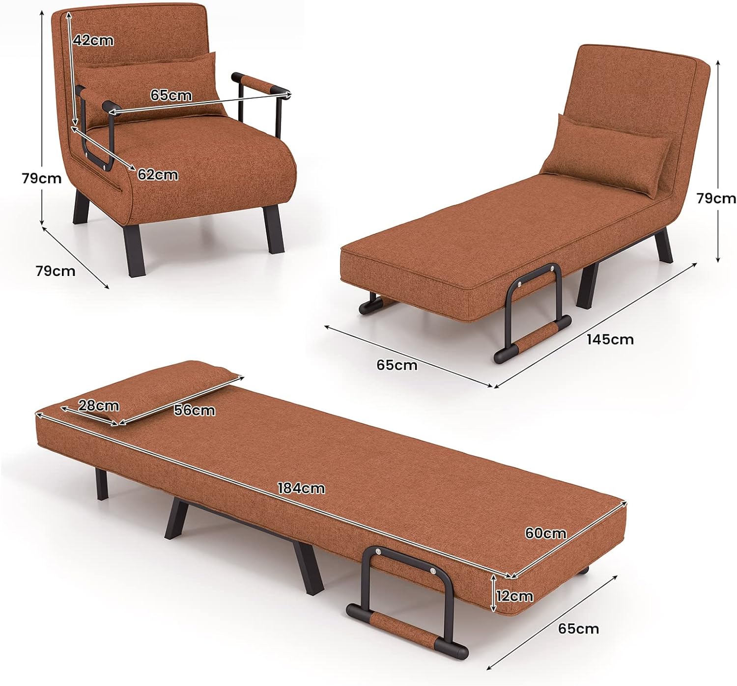 Canapé-lit Convertible, Fauteuil Convertible Lit 1 Place, avec Dossier Réglable en 6 Positions, Oreiller Amovible, Marron - 3