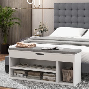 Meuble à Chaussures Avec Banc Rembourré - Blanc Brillant, 128x30x68 Cm, 2 Tiroirs, 1 Armoire, étagères Ouvertes, Pour Entrée, Couloir