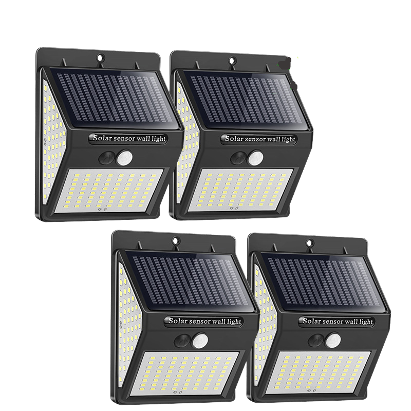 Wodoodporna, zewnętrzna lampa solarna ścienna z czujnikiem ruchu P65, 140 LED, do ogrodu (zestaw 4 szt.)