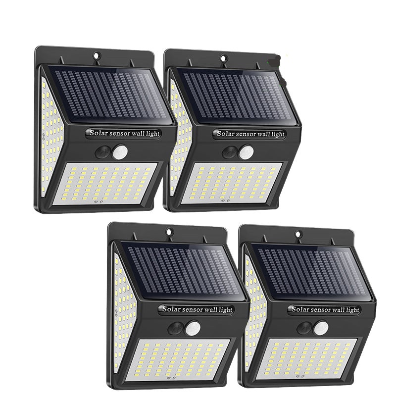 Wodoodporna, zewnętrzna lampa solarna ścienna z czujnikiem ruchu P65, 140 LED, do ogrodu (zestaw 4 szt.)