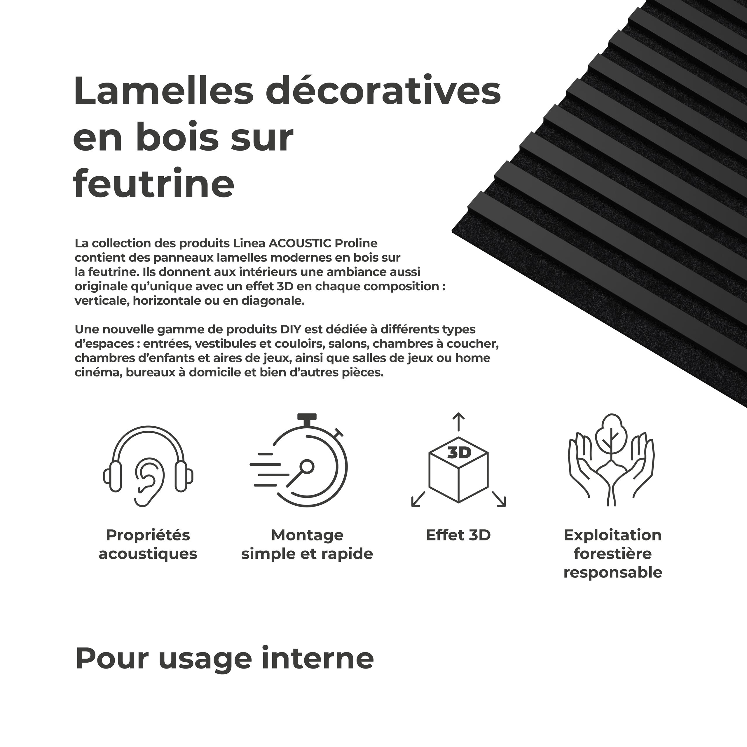 Panneau Tasseau Acoustique effet tasseau bois en feutre 605mm x 605mm noir sur noir Linea Proline Stegu - 5