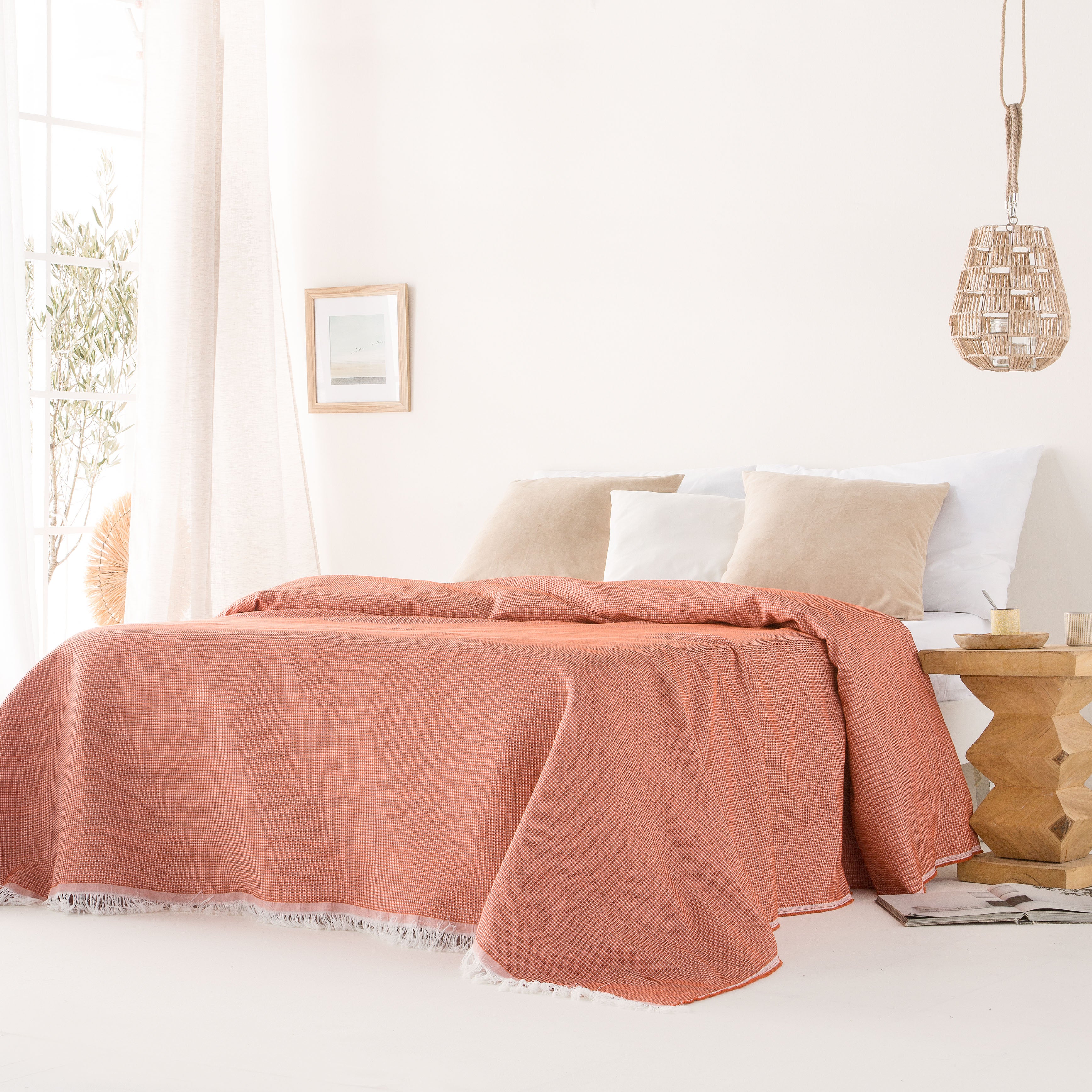 Plaid couvre-lit polyvalent, jeté de canapé Nid d'abeille coton 140x180cm coloris Tuile - 2