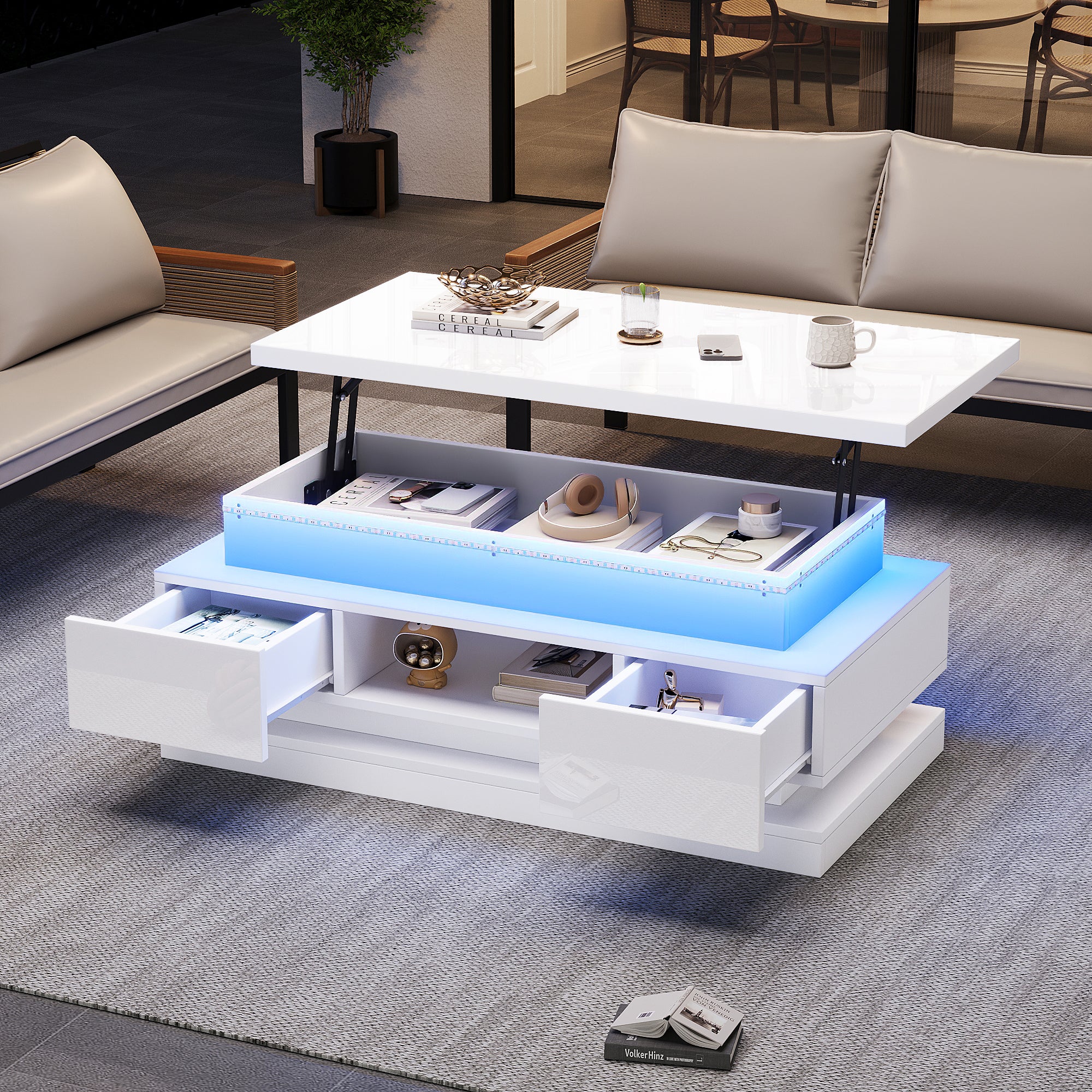Table basse relevable avec 2 tiroirs - 100 x 50 x 40 cm - LEDs - Panneau de particules - Blanc - 4