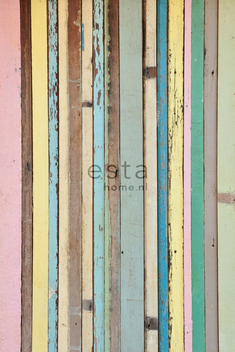 Fototapeta odpady drewniane jasnego różu,żółtym,niebieskimIzielonym - 200 x 279 cm - ESTAHOME