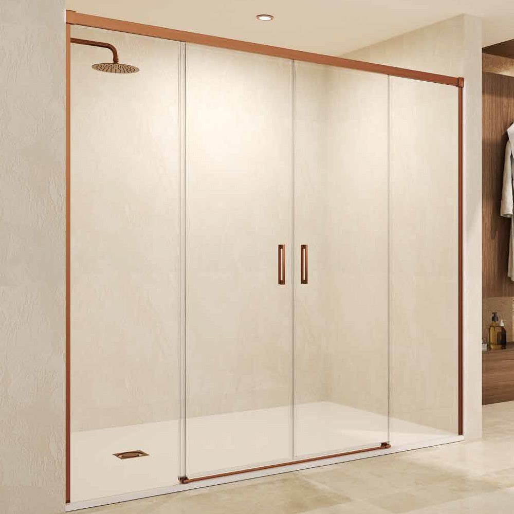 Mampara Douche Frontale 2 Fixes + 2 Portes Coulissantes | Verre Trempé 6 mm Anticalcaire | Profilé Or Rose brossé 180cm (adap. 176,1-181) - 5