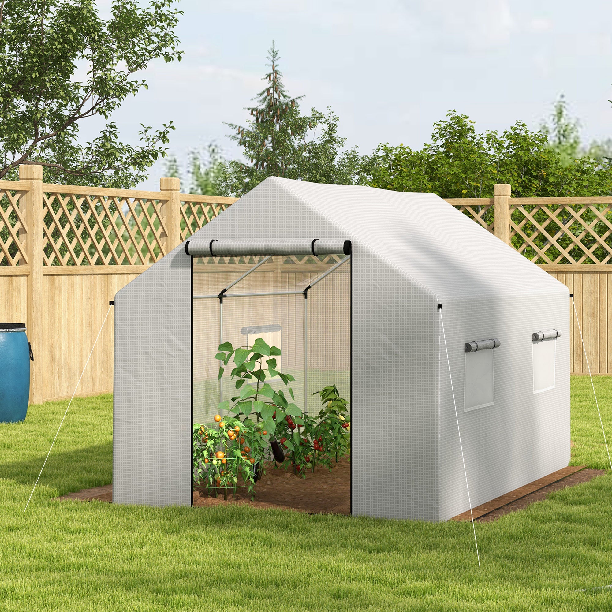Serre de jardin tunnel 2x3m,6m² avec porte enroulable,4 fenêtres,- Acier galvanisé PE Haute densité Blanc - 4