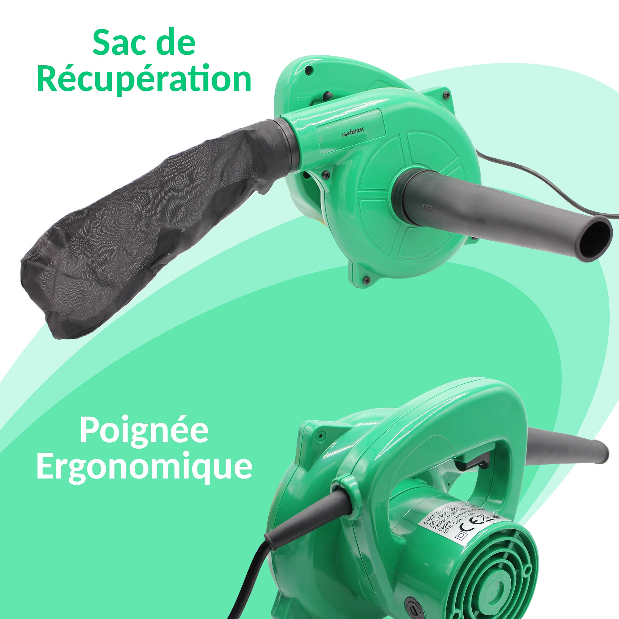 Mini soffiatore elettrico, aspirapolvere reversibile con sacchetto, lunghezza cavo 2M, 500 W, 40CM, verde - 9