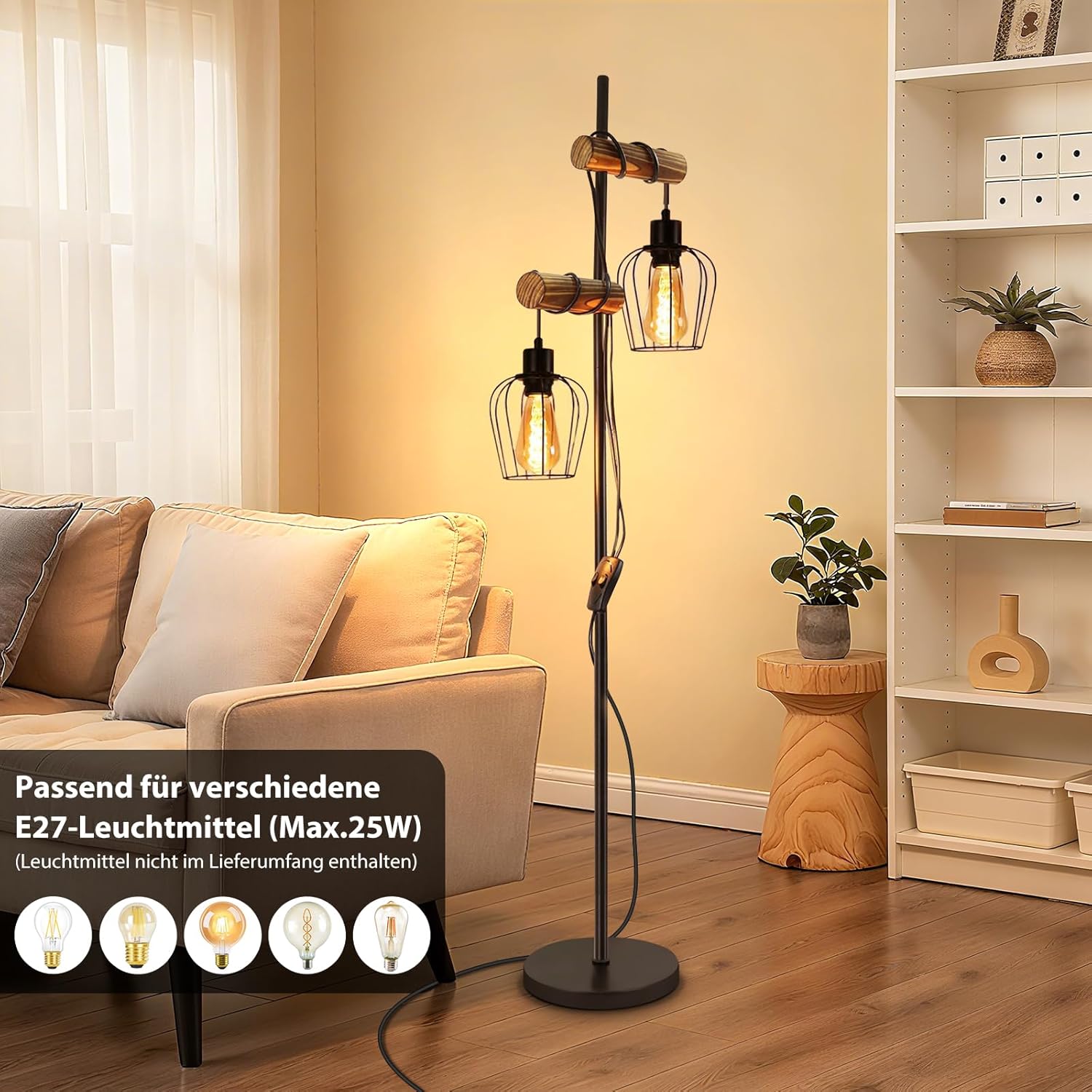 Nettlife Lampadaire en bois pour salon, noir - Lampadaire en métal au design industriel vintage avec 2 lumières, douille E27, (ampoules non incluses) - 8