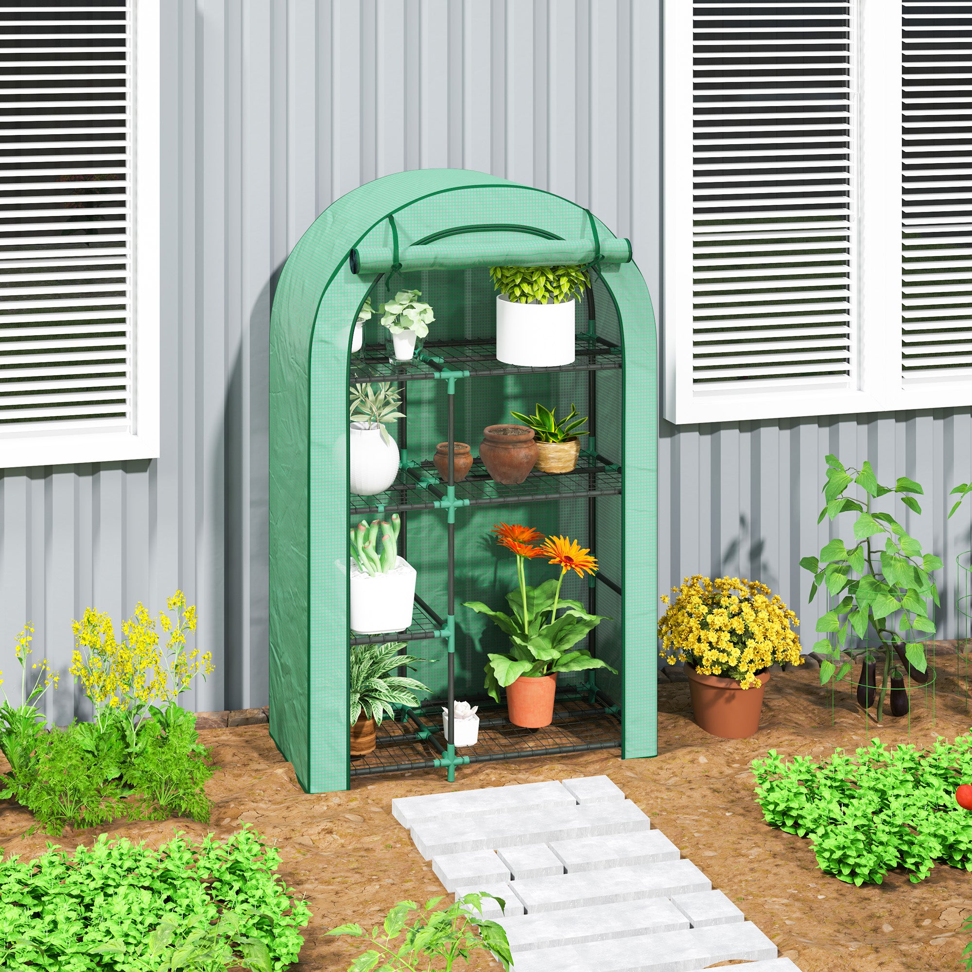 Mini serre à 4 niveaux avec bâche en plastique, portable, porte enroulable, 100 x 45 x 160 cm, verte - 3