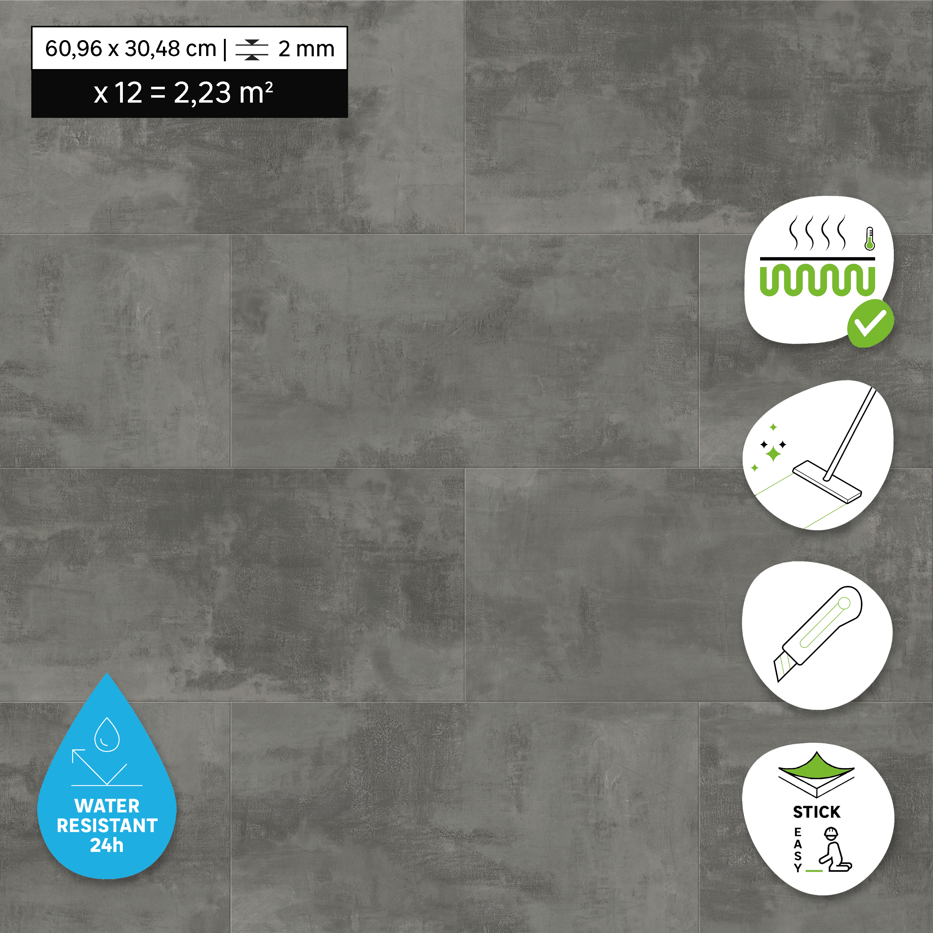 ARTENS - Sol PVC - Dalles PVC adhésives SEREN - FORTE - Effet pierre - Gris foncé - Dimensions L.60,96 cm x l.30,48 cm - Epaisseur 2 mm - 2,23 m²/ 12 - 7