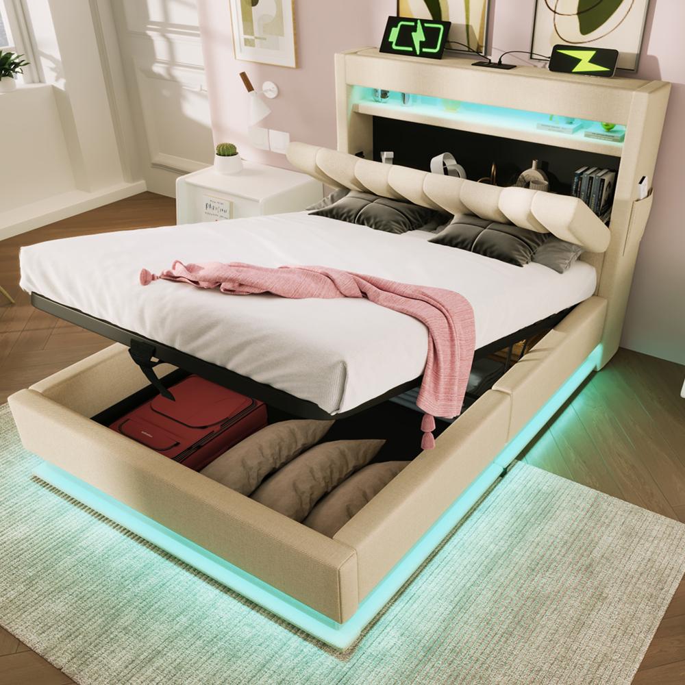 Beżowe łóżko lniane 90x200 cm z materacem, zagłówkiem i podnóżkiem LED, portami USB-C, skrzynką hydrauliczną, zagłówkiem do przechowywania