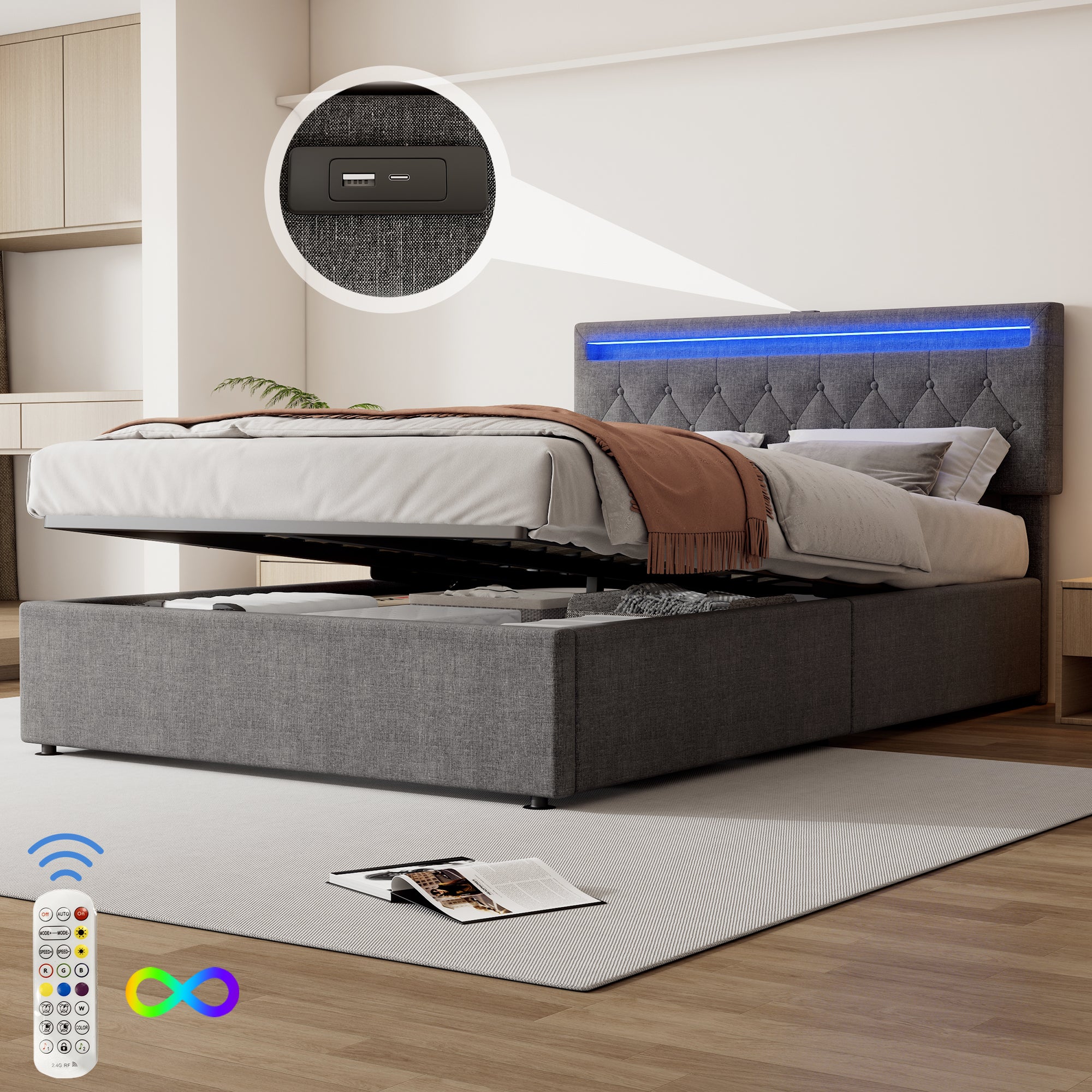 Lit 140x200 cm - Sommier 28 lattes - Tête de lit LED coloré + Commande ...