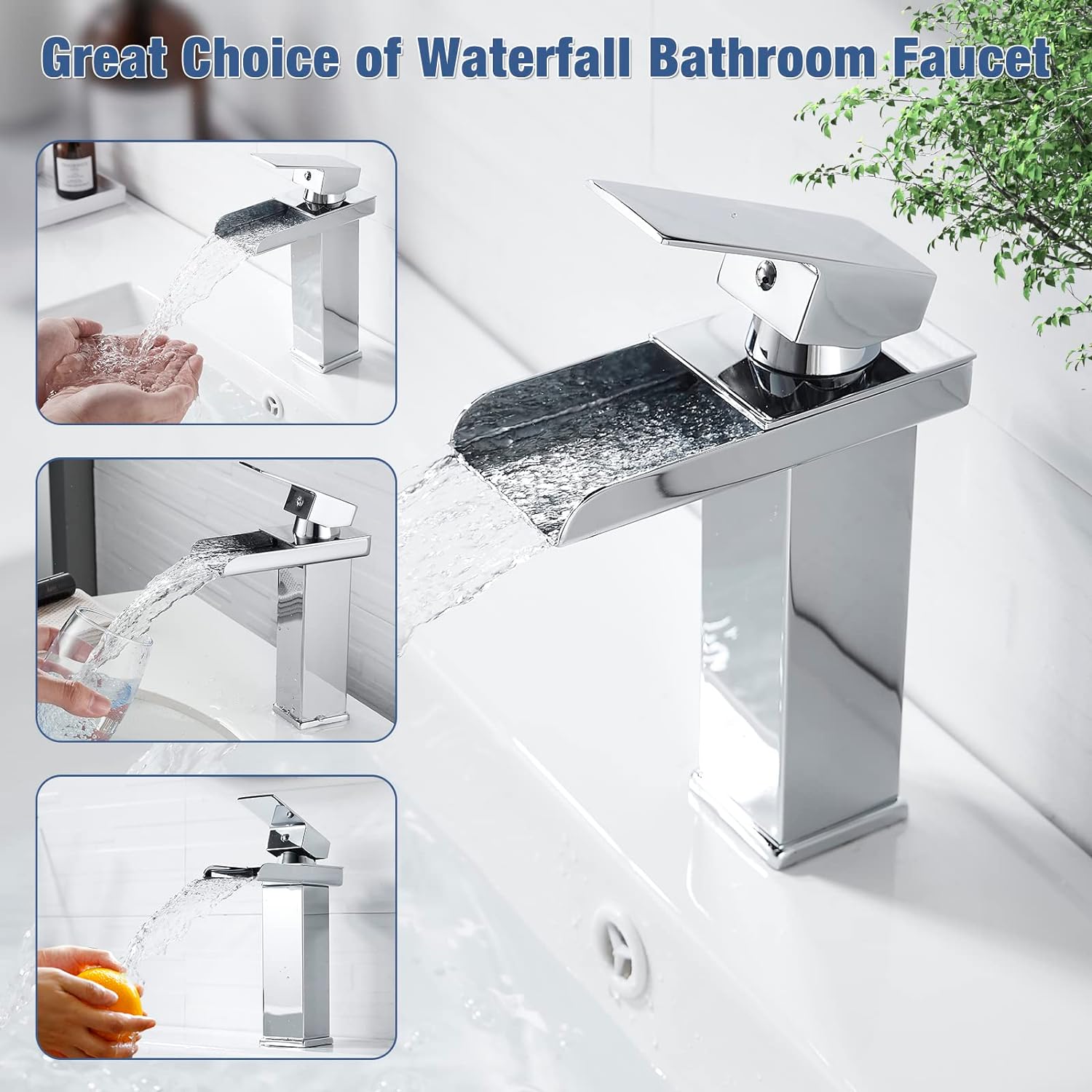 Robinet Salle de Bain Cascade, MitigEU Lavabo Chromé, Ultra-Large 6cm, Eau Froide & Chaude Disponible, Acier Inoxydable, Valve en Céramique - 6