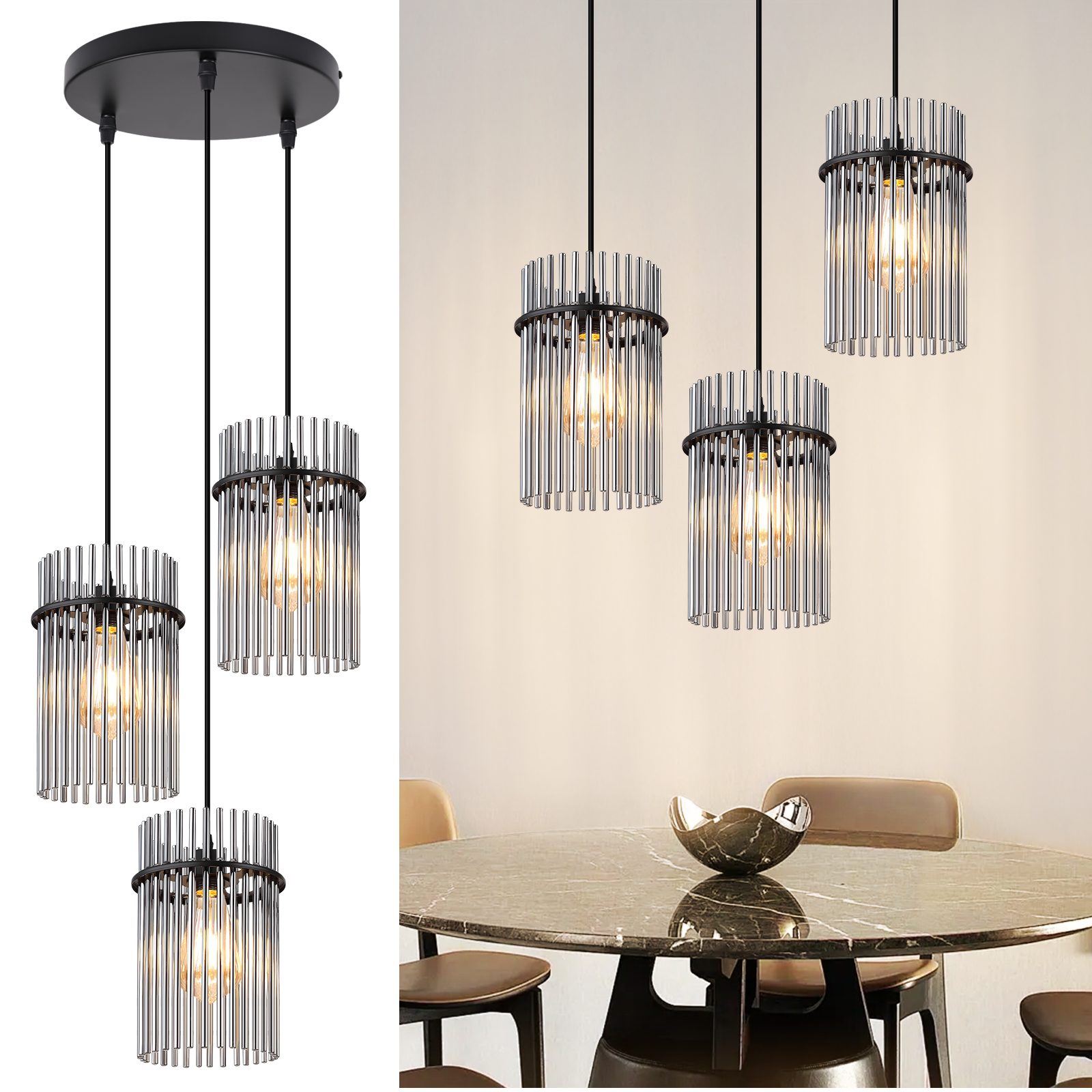 Lampa wisząca Nettlife z trzema żarówkami, czarna – okrągła szklana lampa wisząca do stołu jadalnego, z gniazdem E27(żarówki nie są dołączone)