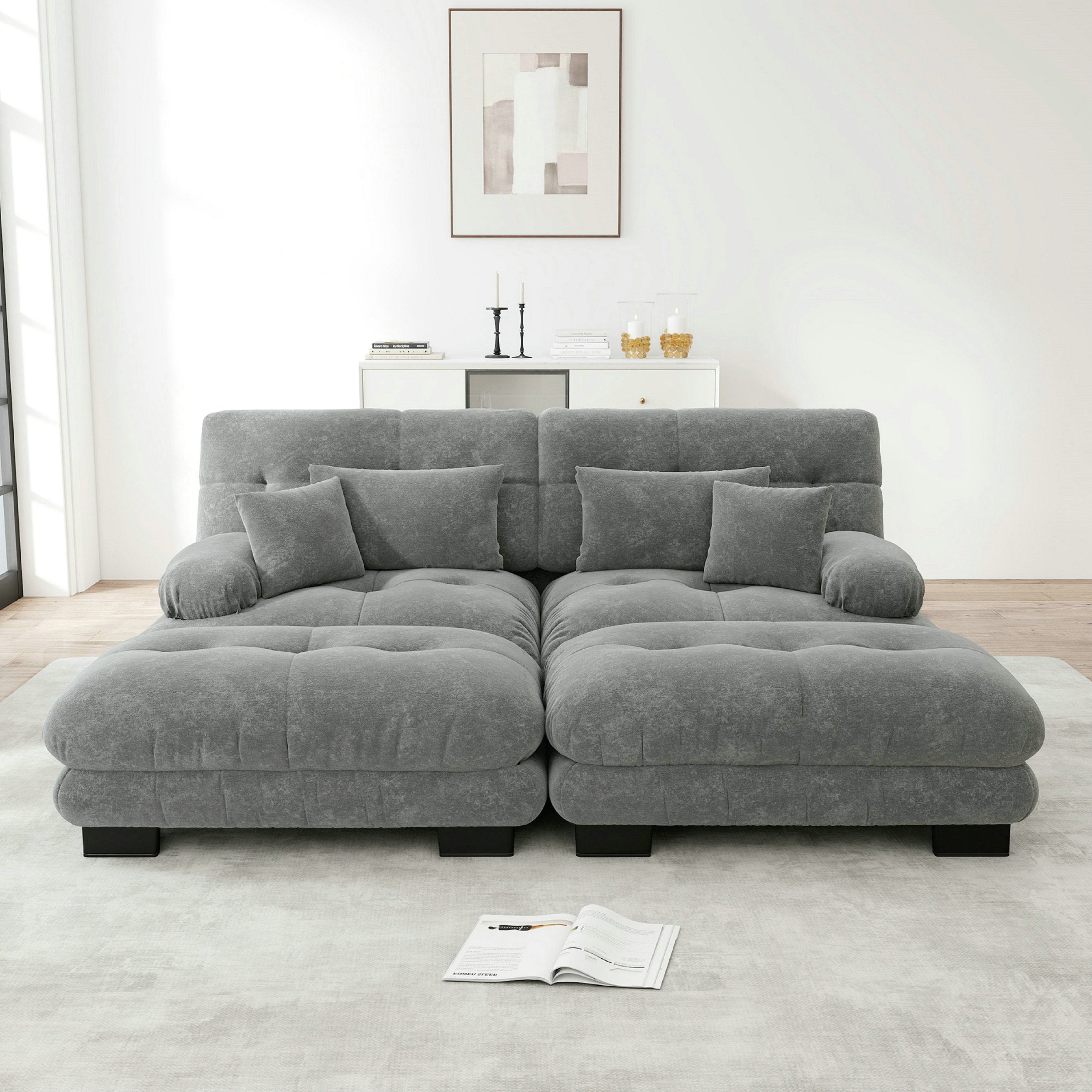 Canapé d\'angle deux places, avec 2 coussins lombaires et 2 coussins décoratifs, avec larges accoudoirs et 2 poufs – chenille – gris - 2