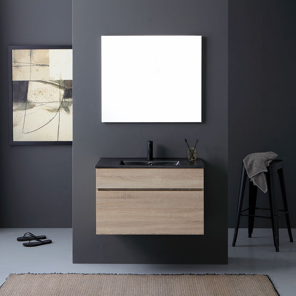 Mueble de bano de 80cm en roble acabado natural con lavabo negro y espejo a ras de la superficie | sole