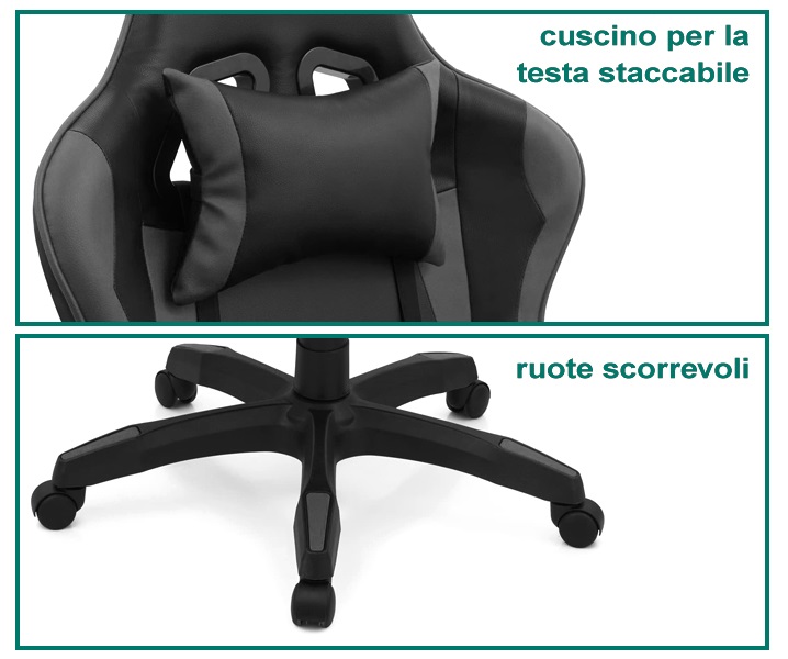 Sedia Poltrona Gaming Ergonomica Reclinabile con Poggiapiedi Poggiatesta e Supporto Lombare Ruote Girevoli Nero/Grigio HLD-920 - 5