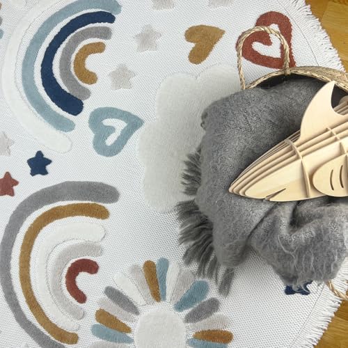 RUGURA - Tappeto per bambini per cameretta ragazzi con nuvole, stelle, arcobaleni e animali 230x160 cm turchese ocra blu - 6