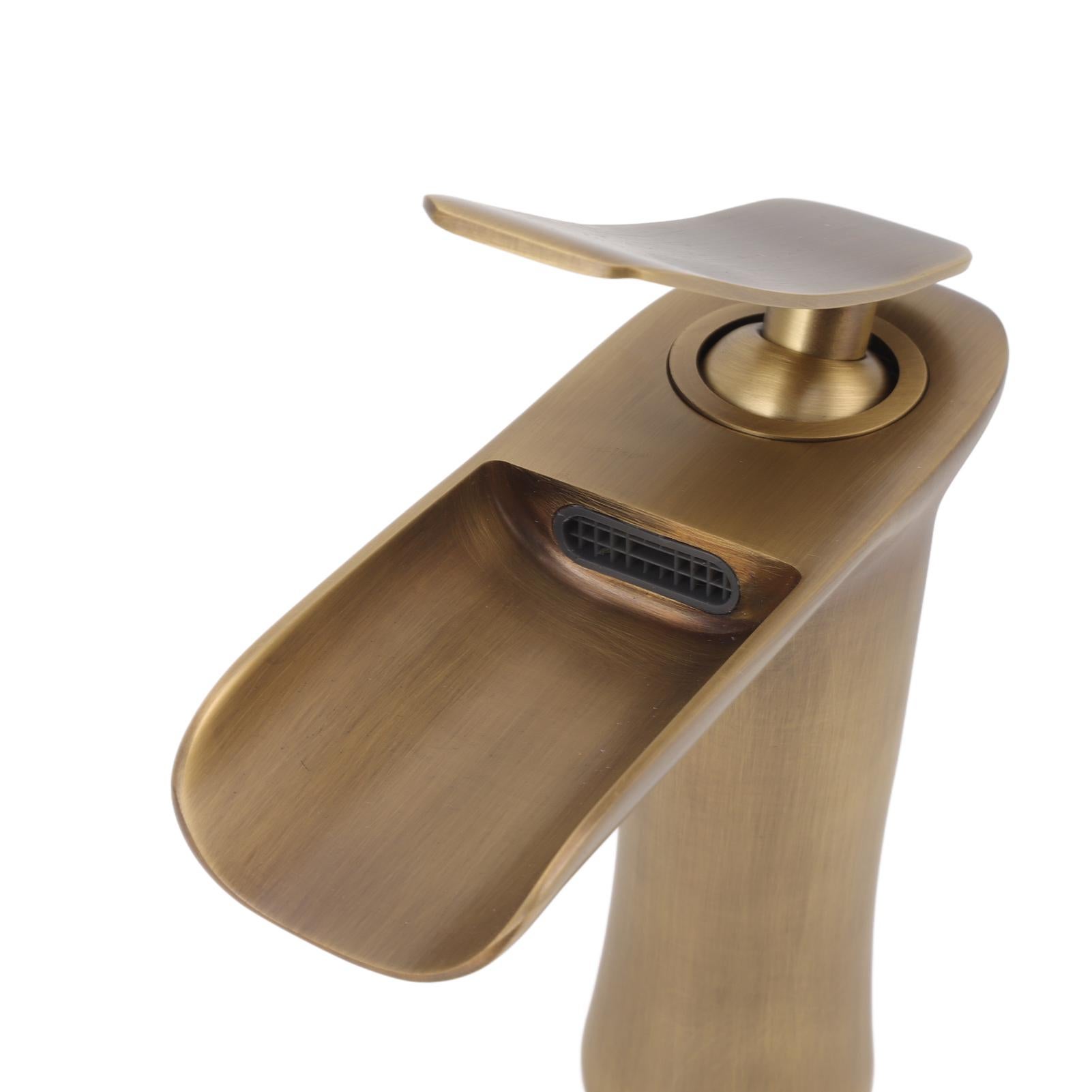 Robinet de lavabo de salle de bains, cascade en laiton Antique à portée unique, mitigeur de lavabo sous comptoir pour eau froide et chaude - 4
