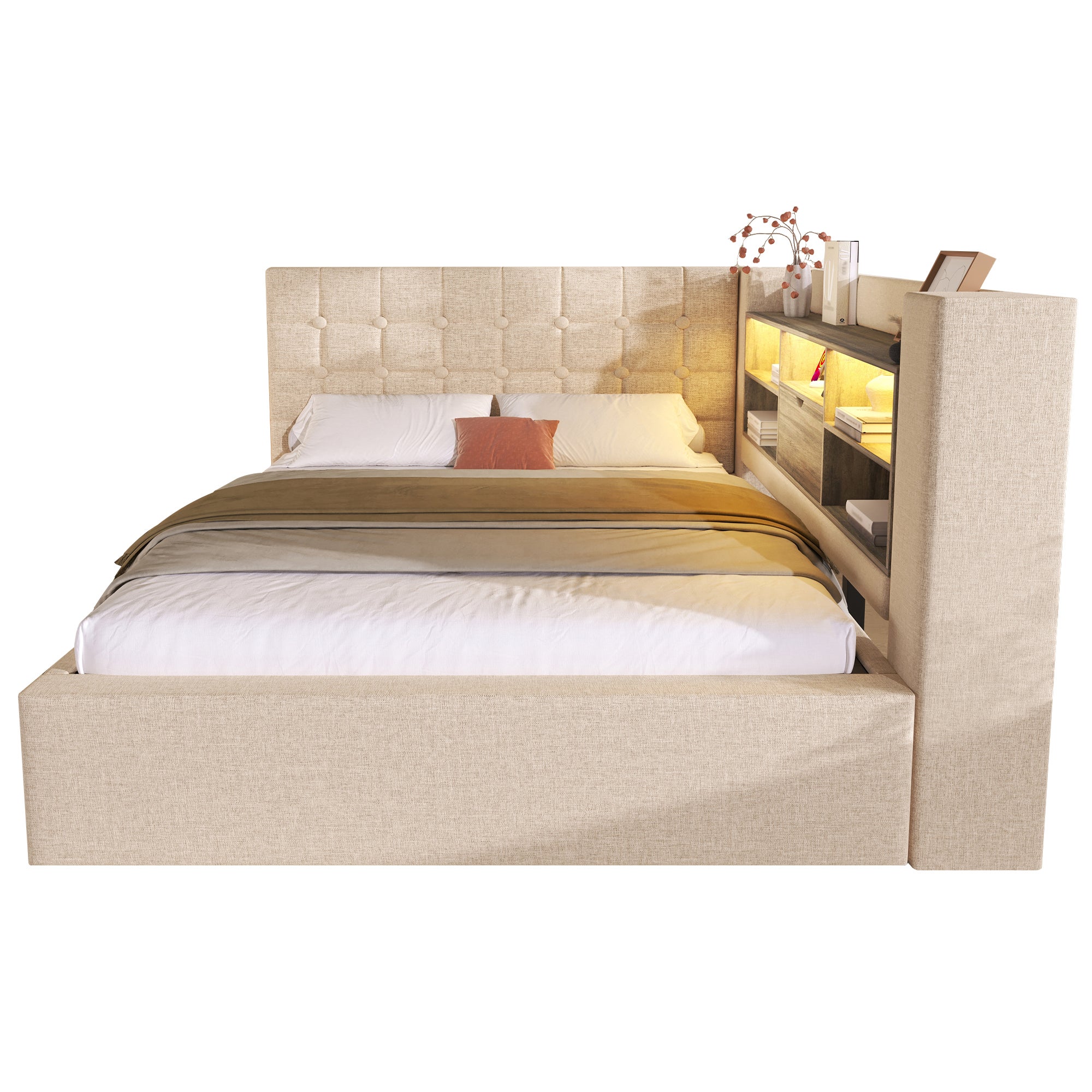 Sofa rozkładana 140x200 cm z pojemnikiem na pościel - z diodami LED i portem ładowania - z podstawą z listew - tkanina lniana - beżowa - 8