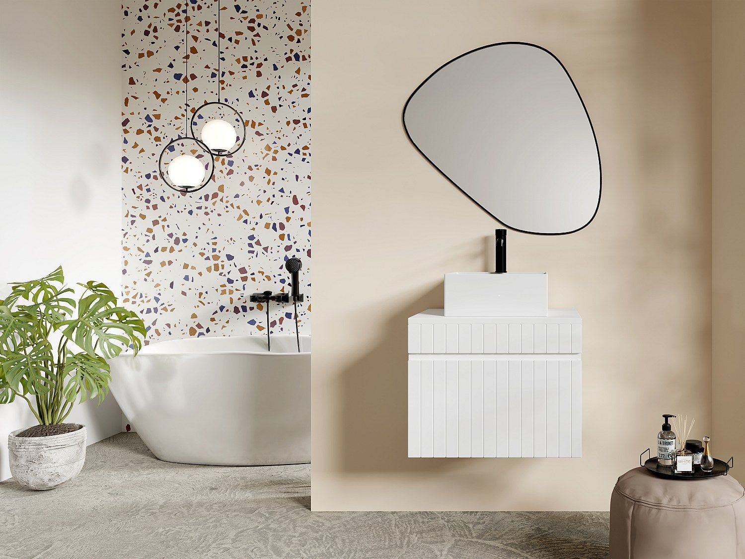 Szafka łazienkowa wisząca ryflowana biała z kwadratową umywalką nablatową - 60 cm - SATARA