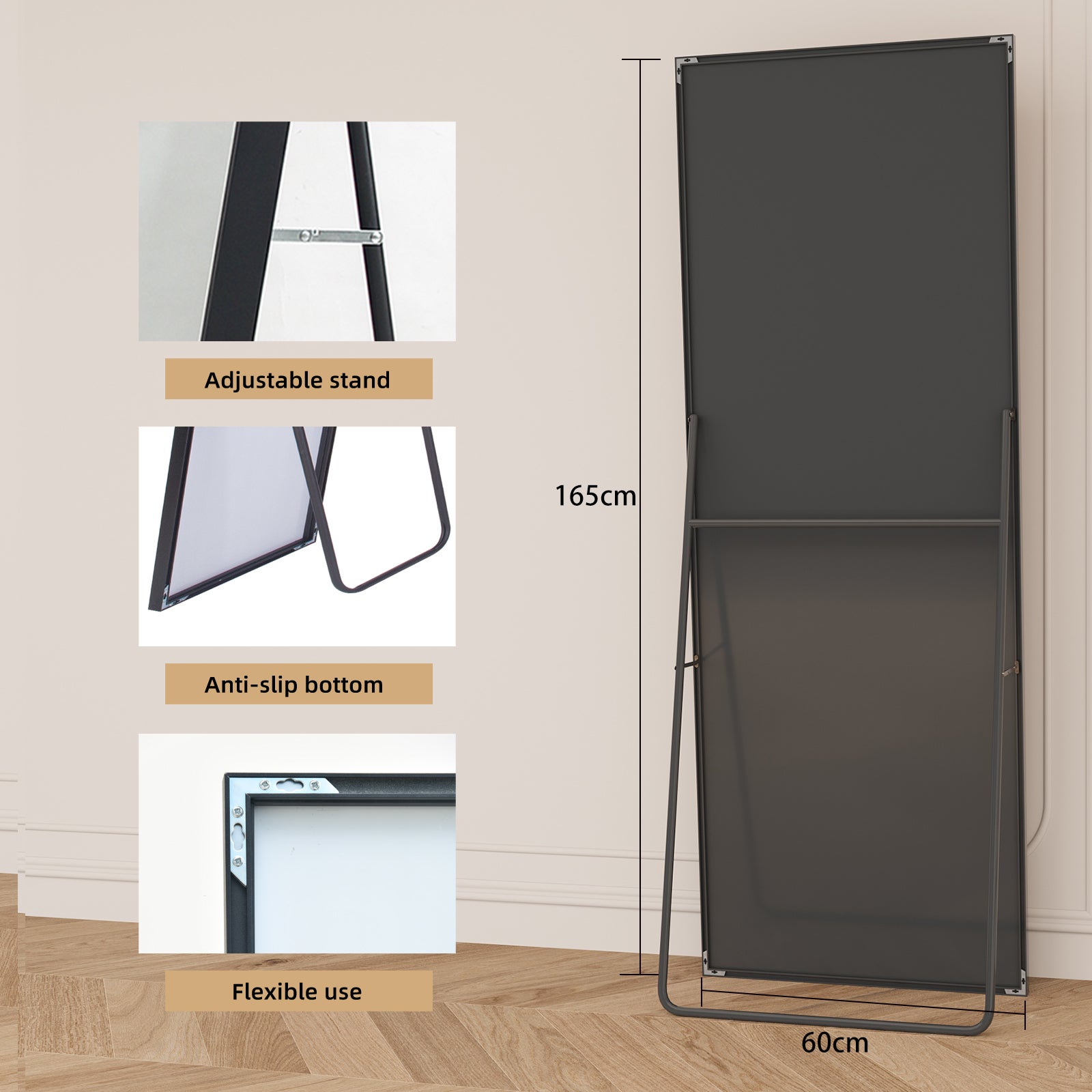 Miroir rectangulaire aluminium noir l.165 x H.60 cm - Miroir Pleine Longueur - Grand Miroir sur Pied/Mural - Penché ou Suspendu - Noir - 3