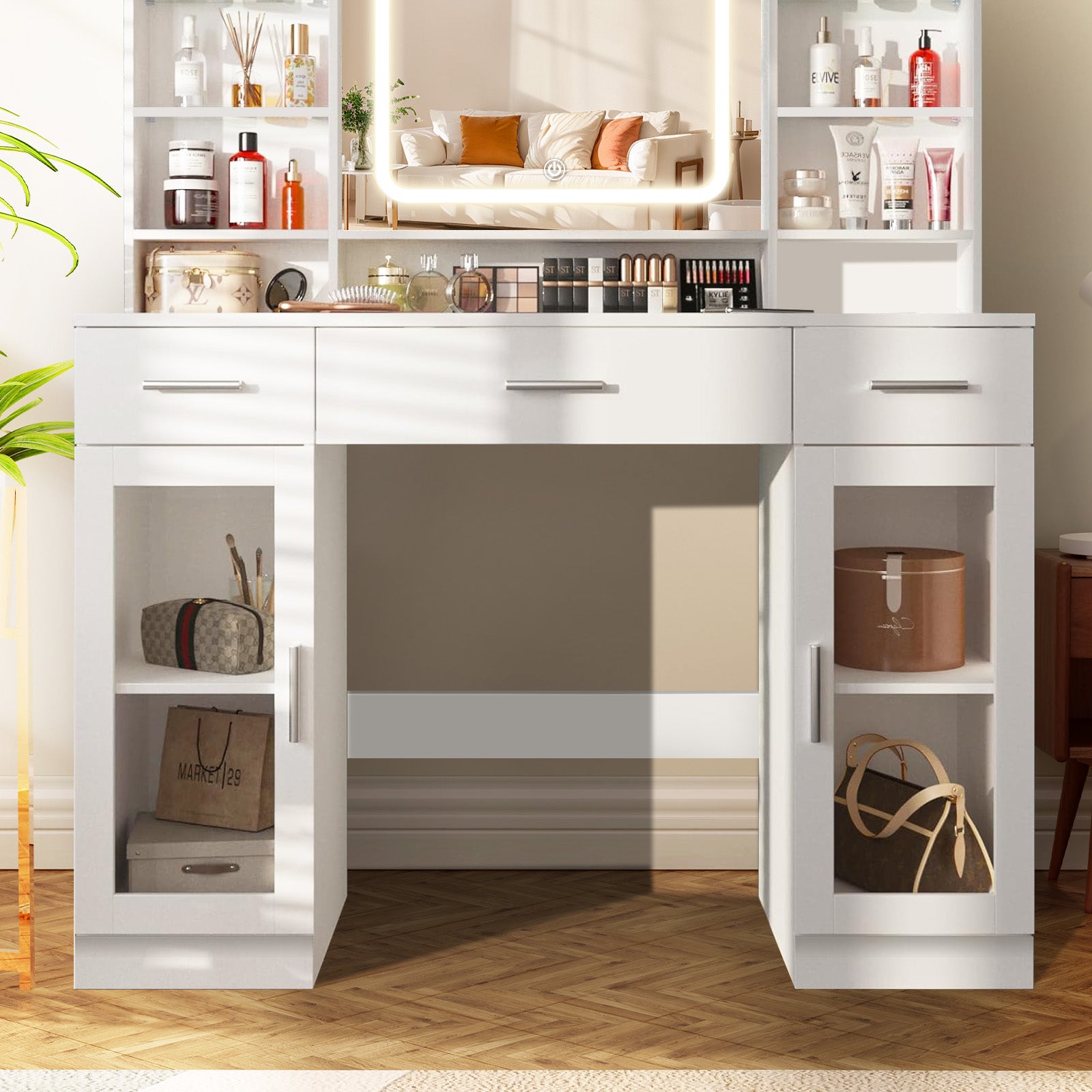 Coiffeuse avec miroir LED en MDF Blanc H. 140 x l. 110 x P. 39.9 cm - 6
